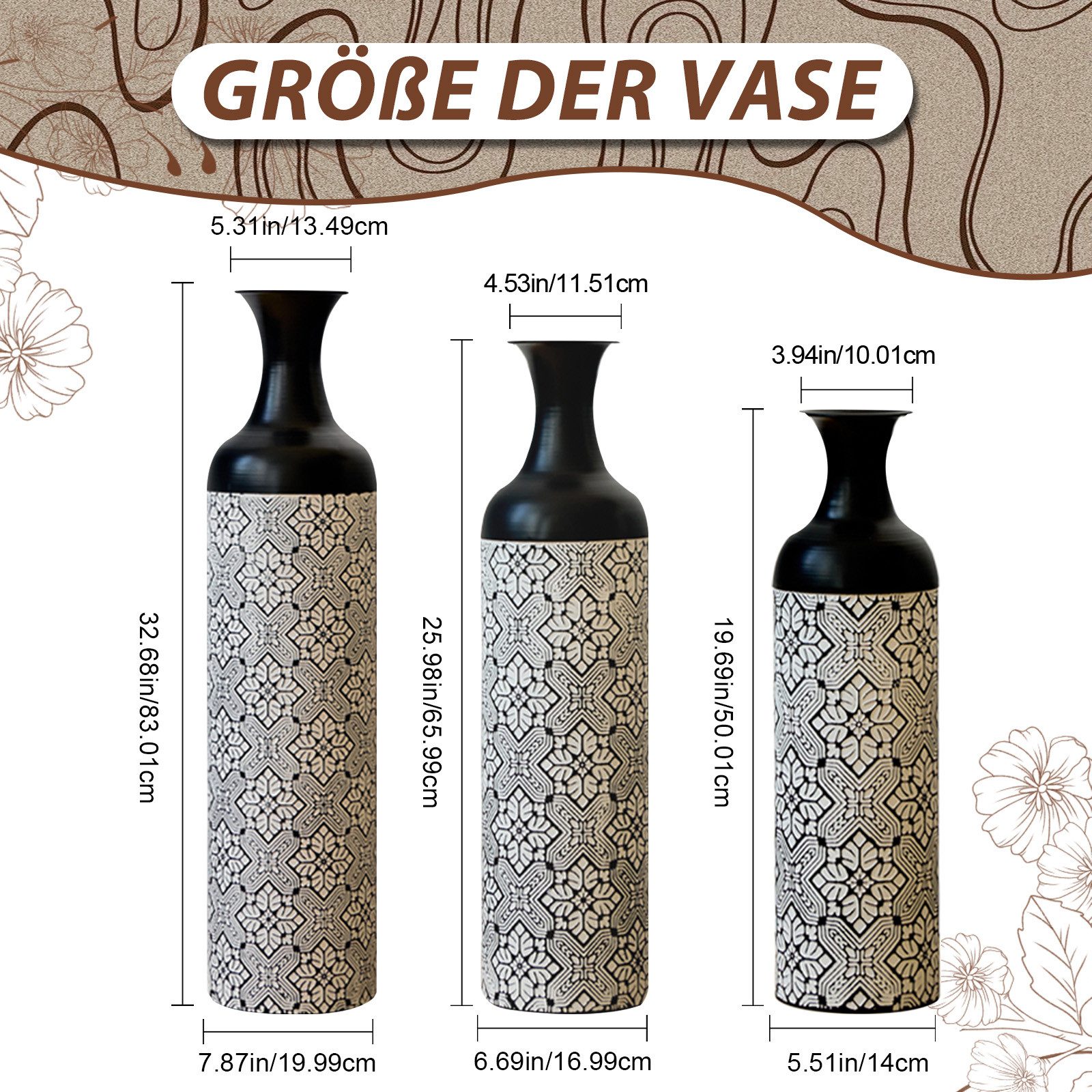 KLAM HOME Bodenvase Große Bodenvase 3er Set aus Metall, (50/65/83 cm), Mid-Century Modern (Dekovase Boden bis zur Decke reichende Vase, hohe dekorative Vase), Vintage Deko, Dekorative Vase für Wohnzimmer, Flur und Schlafzimmer