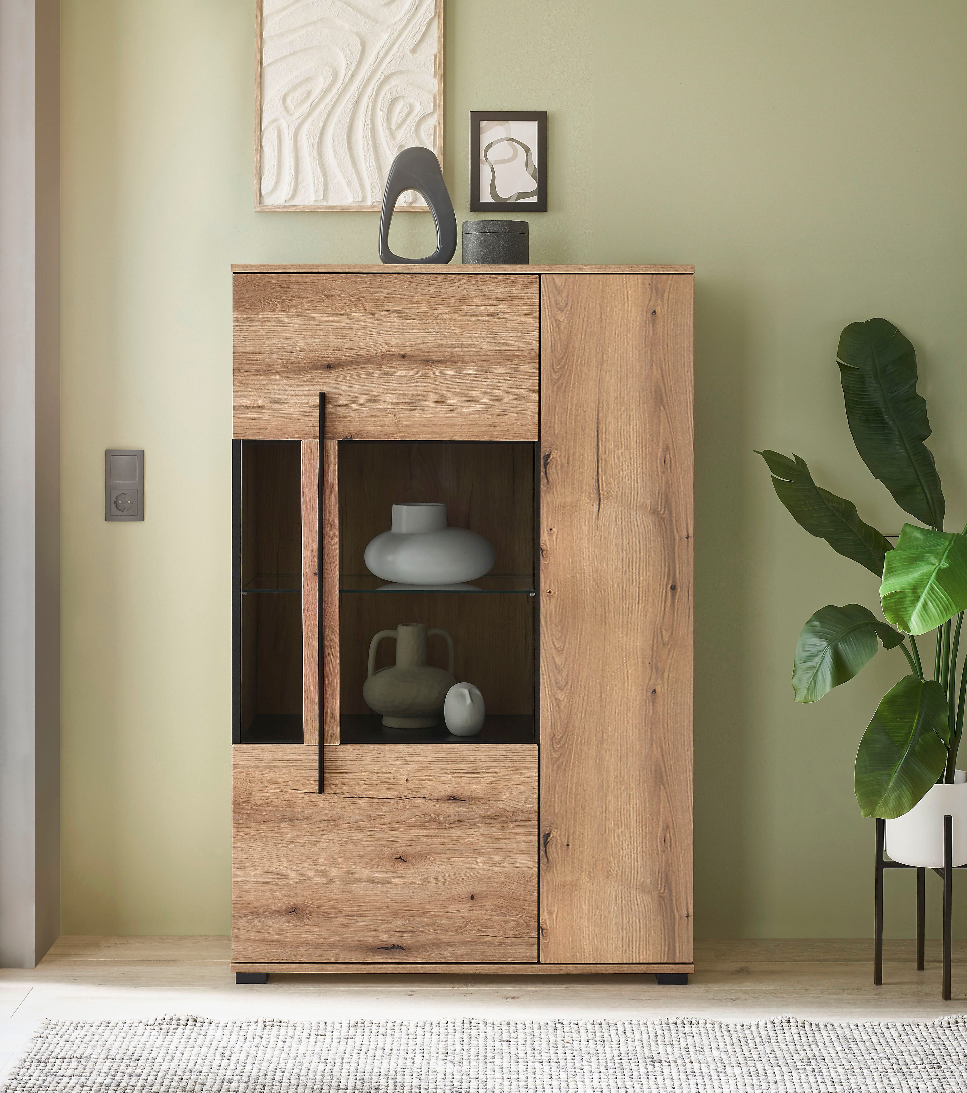 Vitrine Cantara, Vitrinenschrank in Eiche Evoke oder weiß, Standvitrine