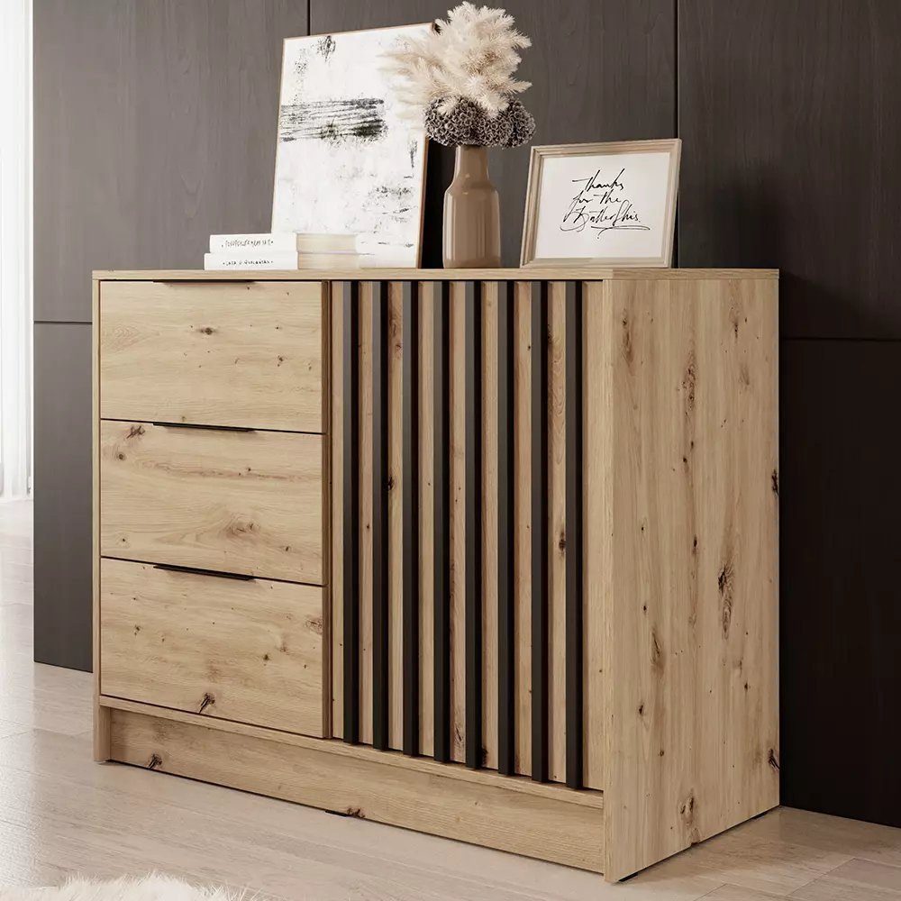 MOEBLO Kommode JOHN 2D (dekorative Lamellen Schrank Sideboard mit Türen und 3 Schubladen, Moderne Wohnzimmer Schlafzimmer Möbel Kommode für Wohnzimmer), (BxHxT): 105x86x45 cm