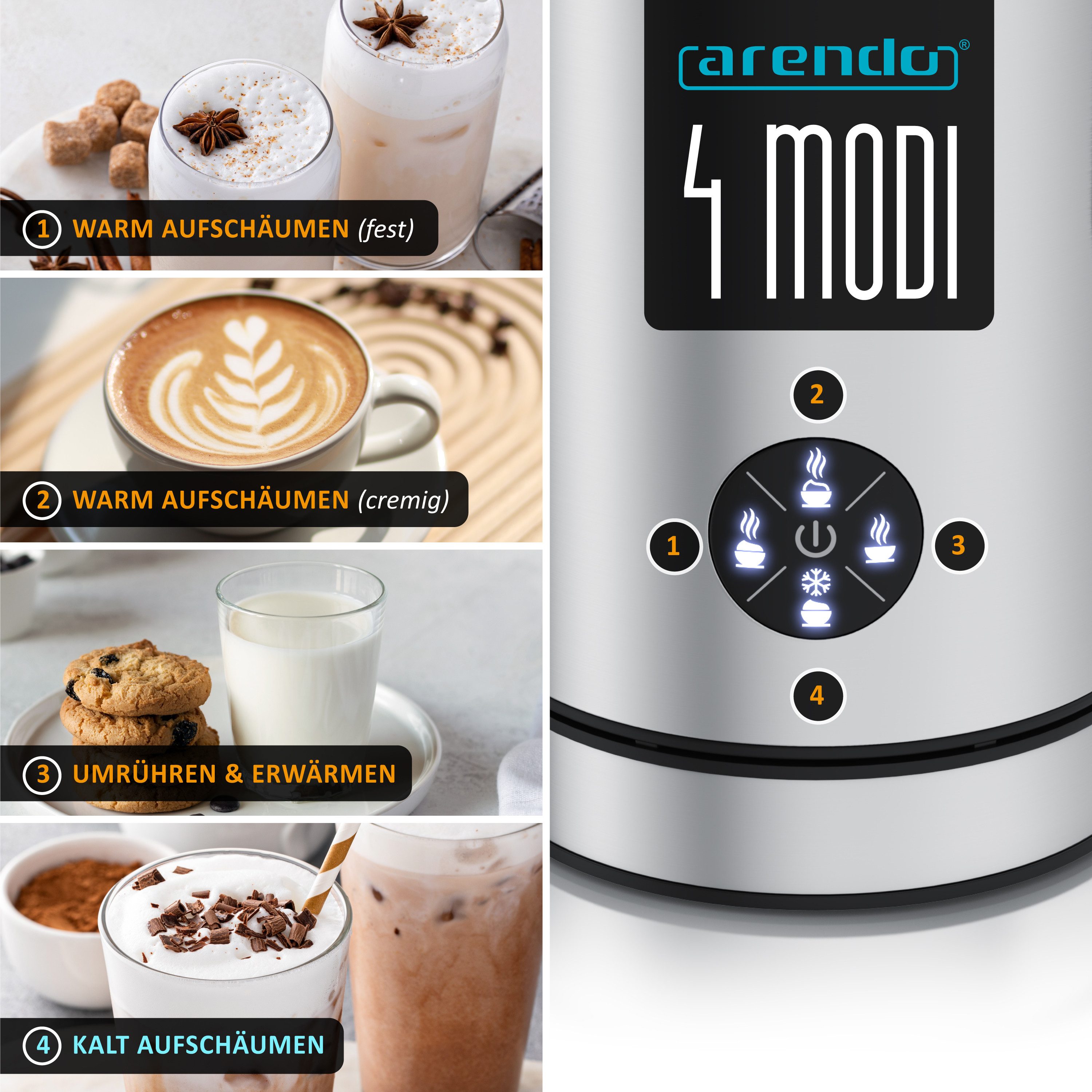 Arendo Milchaufschäumer elektrisch, Doppelwandgehäuse, 4 Programme, Antihaftbeschichtung, 500 W, Heiß & Kaltaufschäumen (150 & 300 ml), für Cappucino / Latte Macciato