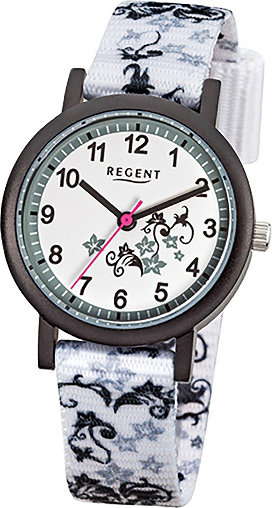 Regent Quarzuhr Regent Textil Kinder Uhr F-728 Quarzuhr, Kinderuhr Textilarmband weiß, rundes Gehäuse, klein (ca. 29mm)