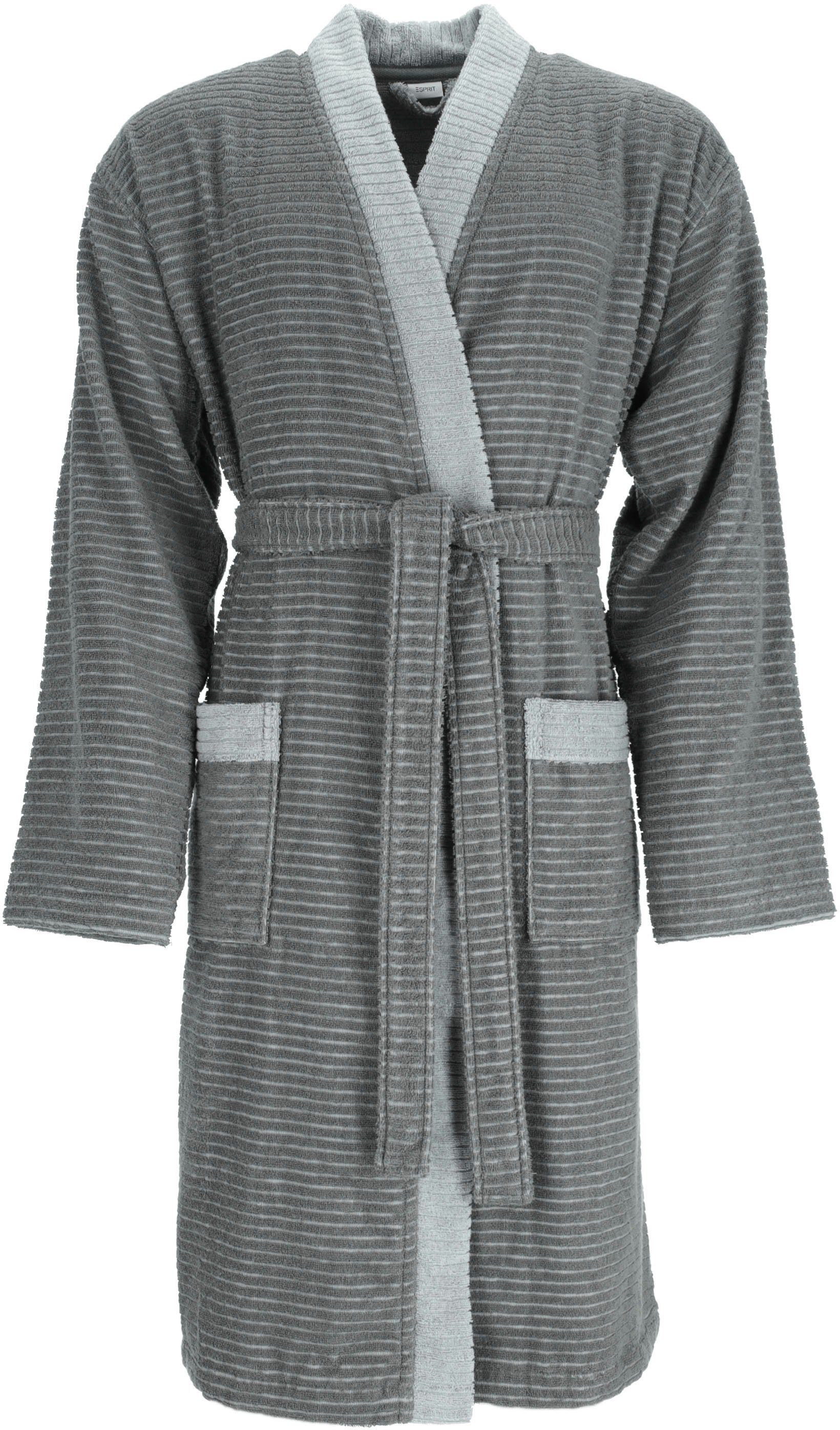 Esprit Herrenbademantel Double Stripe, Langform, Webfrottier, Kimono-Kragen, Gürtel, Doubleface Kimonomantel anthracite