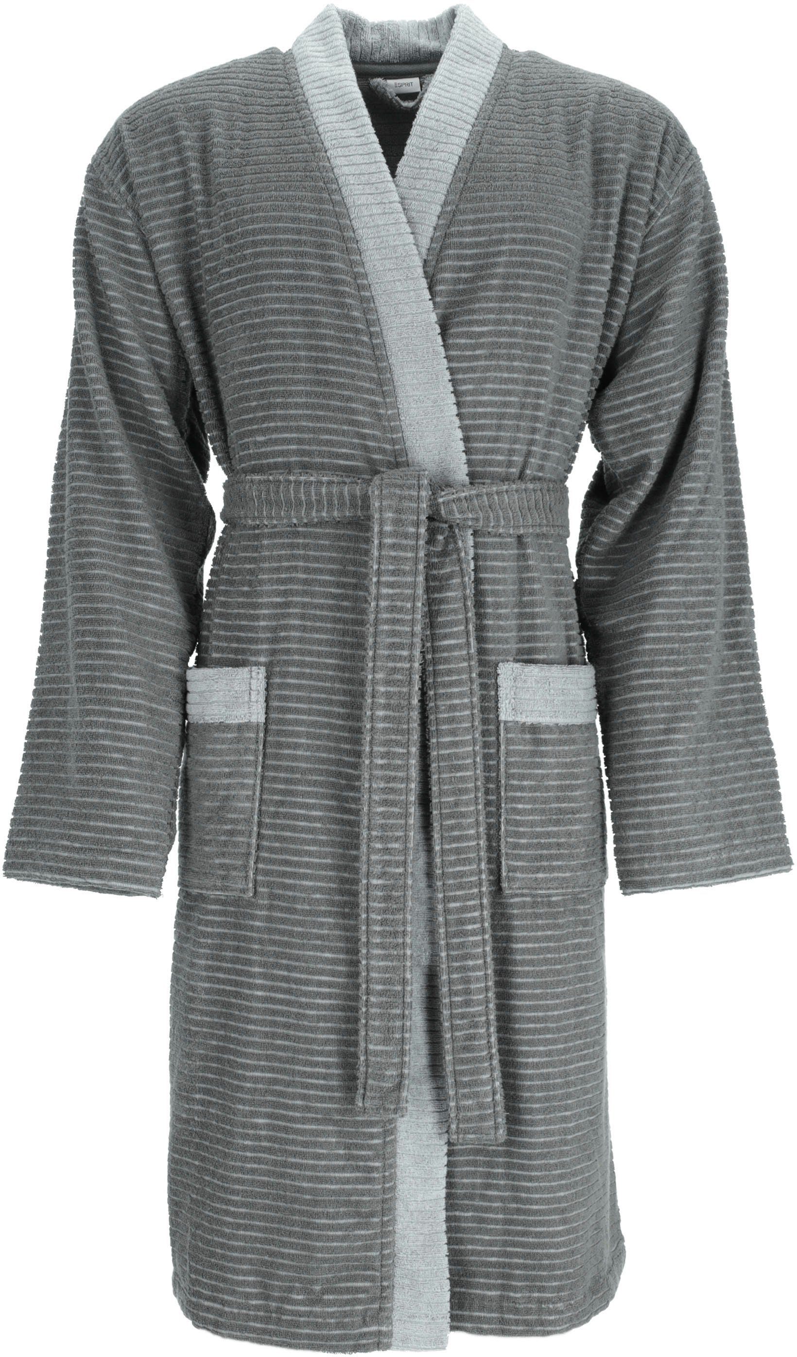 Esprit Kimonomantel Langform, Herrenbademantel Double Kimono-Kragen, Doubleface Gürtel, anthracite Webfrottier, Stripe,