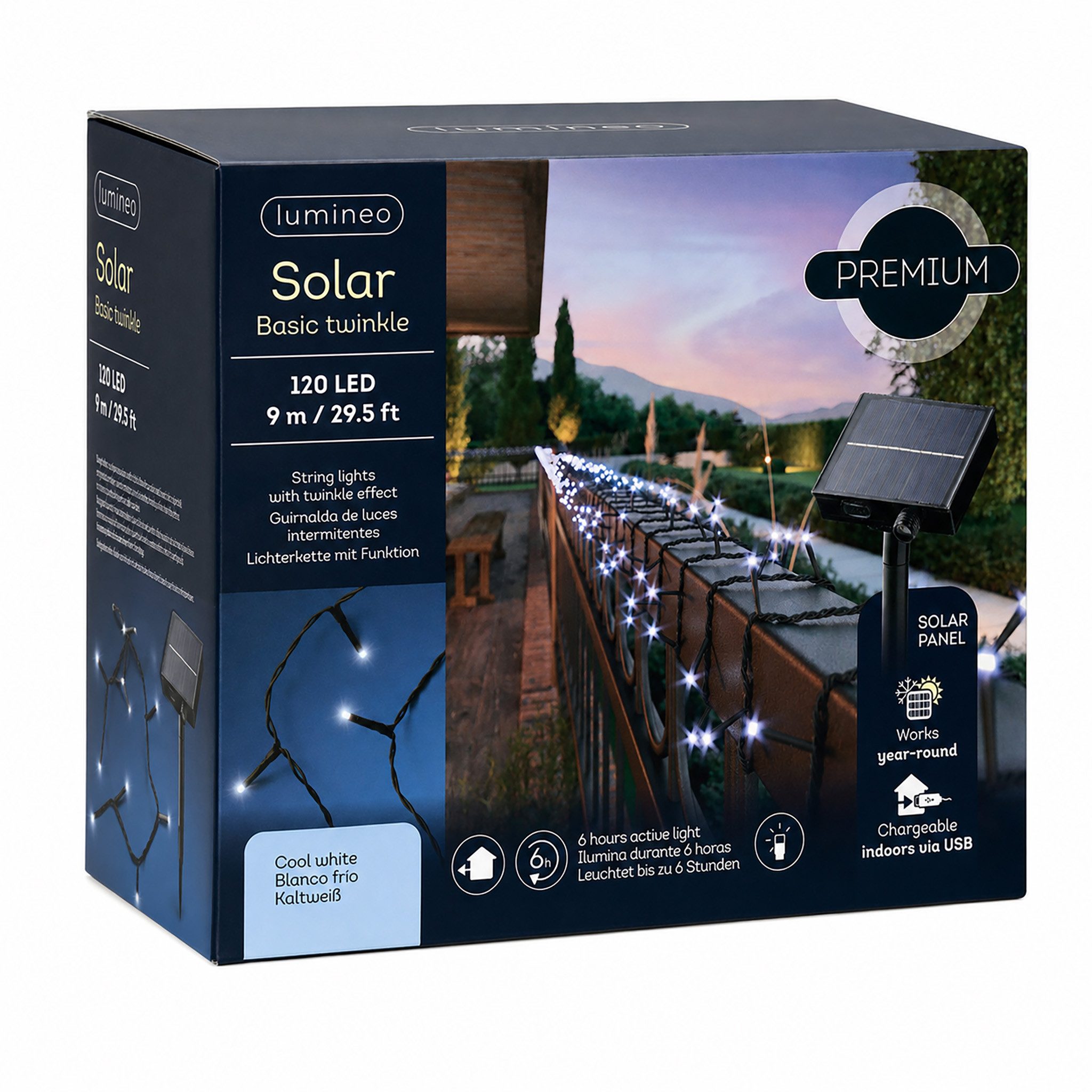 Lumineo LED-Lichterkette, LED Solar Lichterkette 9m Schwarz 8 Twinkle-Effekts 120 LEDs Kaltweiß