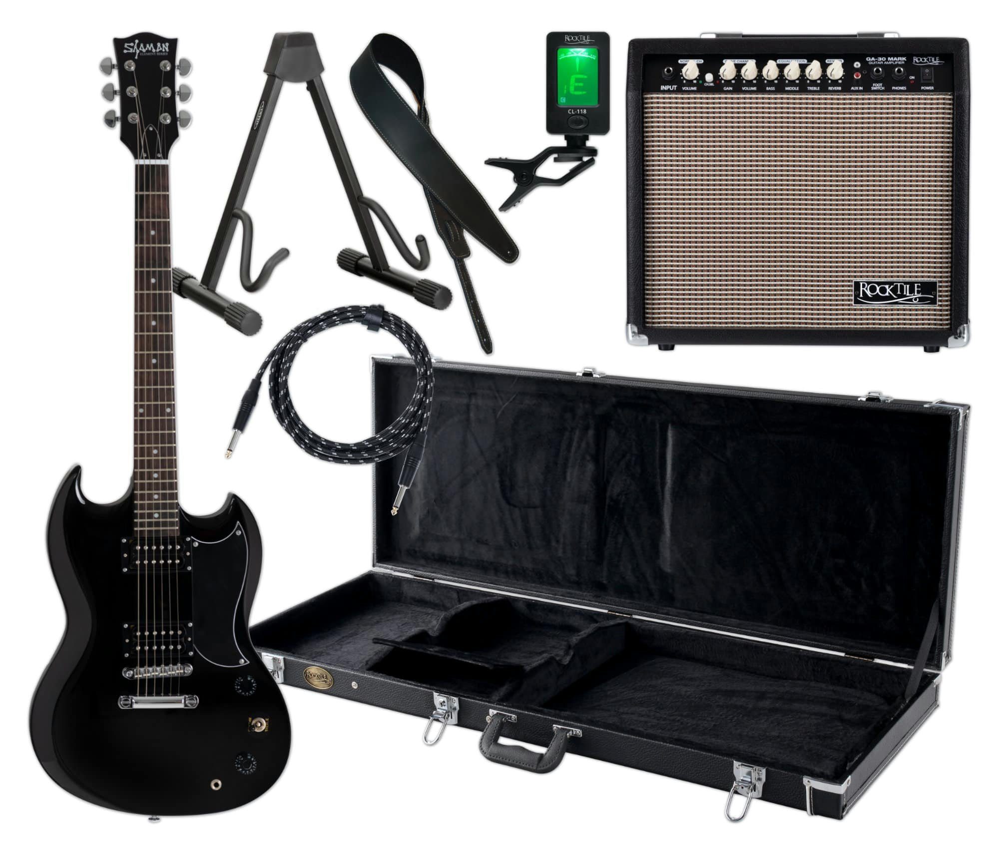 Shaman E-Gitarre DCX-100 - Double Cut-Bauweise - Mahagoni Hals - Macassar-Griffbrett, Komplett Set inkl. Verstärker, Koffer, Ledergurt