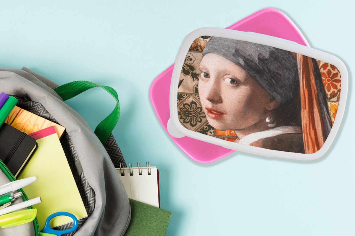 MuchoWow Lunchbox Das Erwachsene, für Brotdose Snackbox, dem rosa (2-tlg), Brotbox Mädchen, Collage, Kunststoff Kunststoff, Perlenohrring Mädchen Vermeer - mit Kinder, 