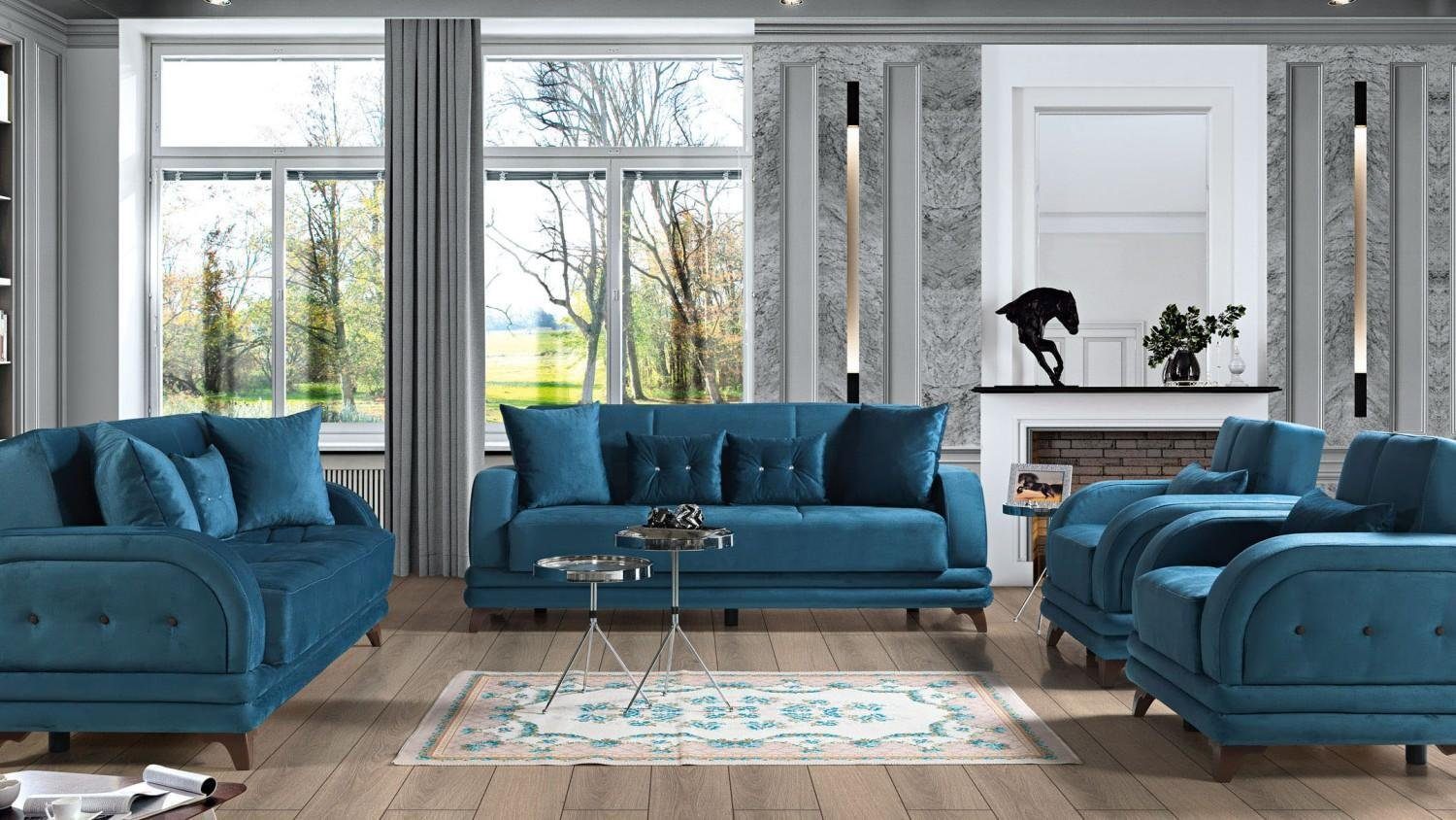 JVmoebel Wohnzimmer-Set Sofagarnitur 3+2+1+1 Holz Wohnzimmer Luxus Sofa Modern Stoff, (3 Sitzer / 2 Sitzer / 2x Sessel), Made In Europe | Wohnwände