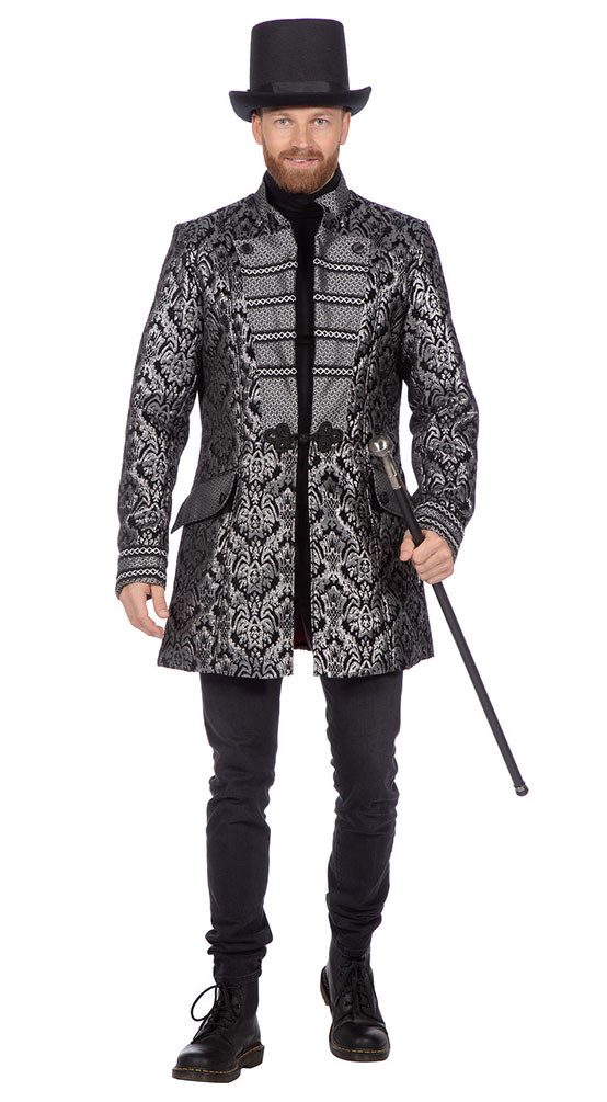 Karneval-Klamotten Kostüm Brokat Jacke Frack Herren Hochwertig Karneval, Showjacke Frack Herrenkostüm Prunksitzung silber schwarz Partnerkostüm