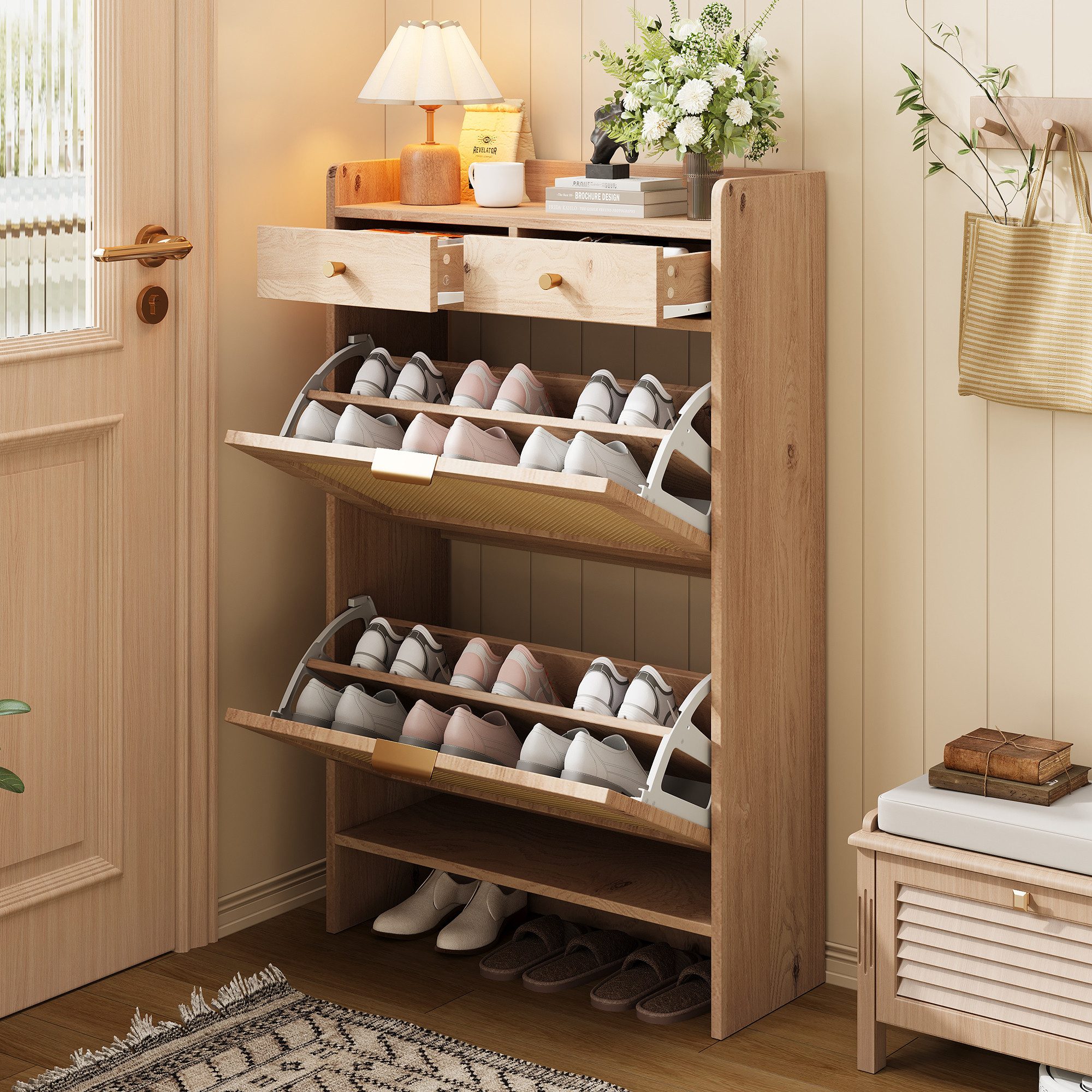 i@home Schuhkipper Schmal,Schuhregal, Holzwerkstoff Schuhschrank aus Rattan, mit 2 Klappenschubladen, 2 Schubladen,und Griffen, 65x25x106 cm, Natur