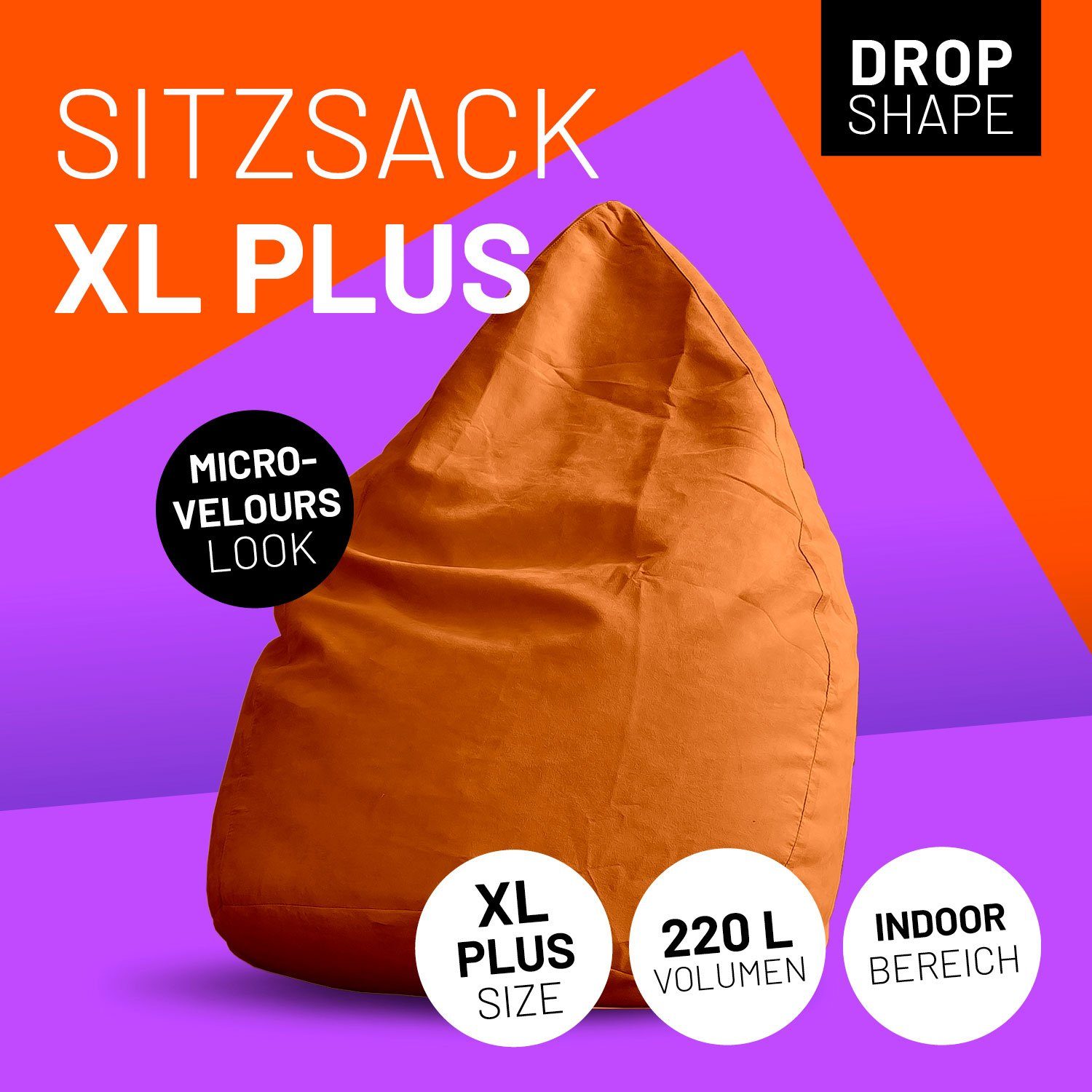 Lumaland Sitzsack waschbar PLUS Sitzkissen 85x65cm 220L orange Bag, Luxury robust Bean Bodenkissen XL Microvelours weich