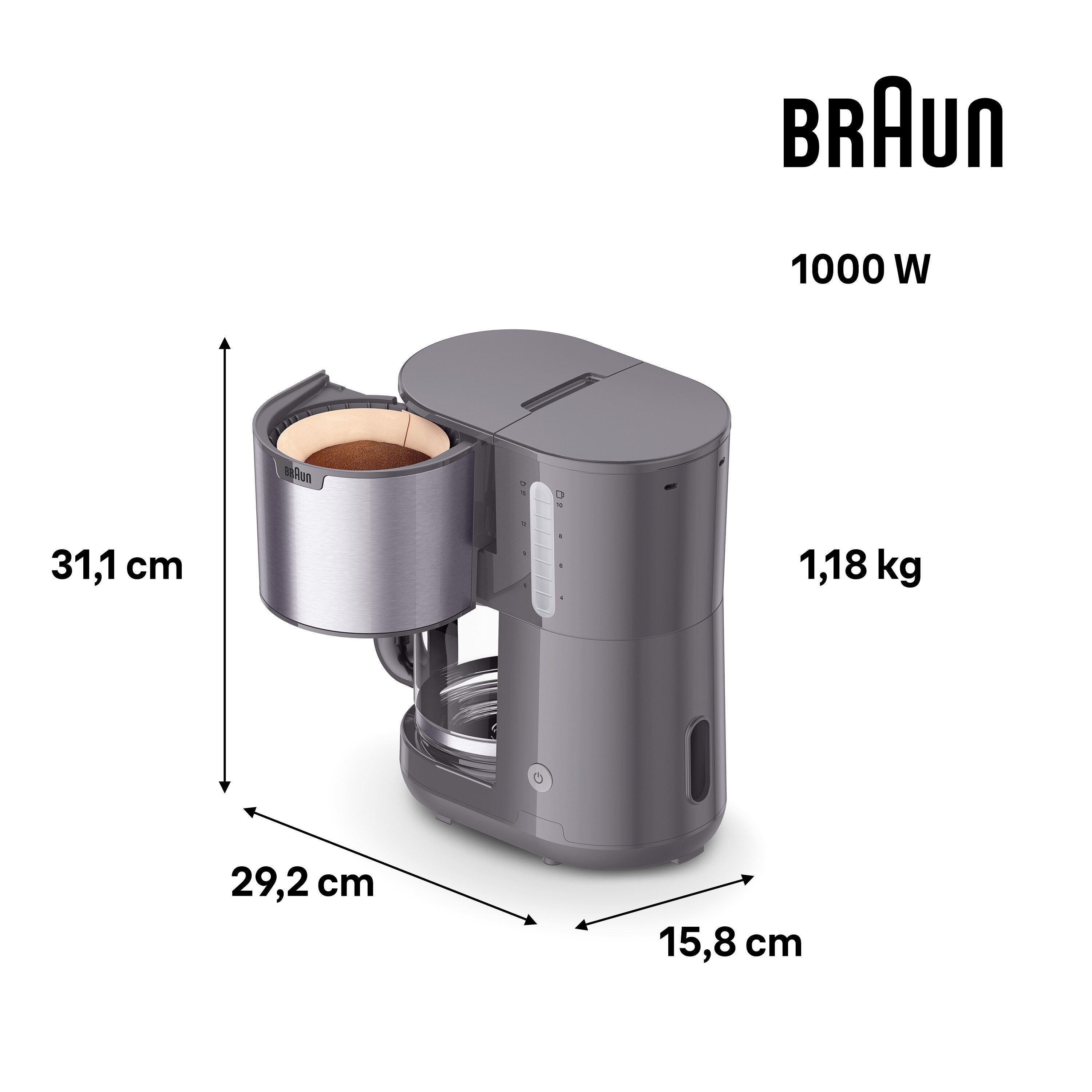 Braun Filterkaffeemaschine PurShine KF1500 GY, Papierfilter, 1000W, automatische Abschaltung, herausnehmbarer Filterkorb, Edelstahl
