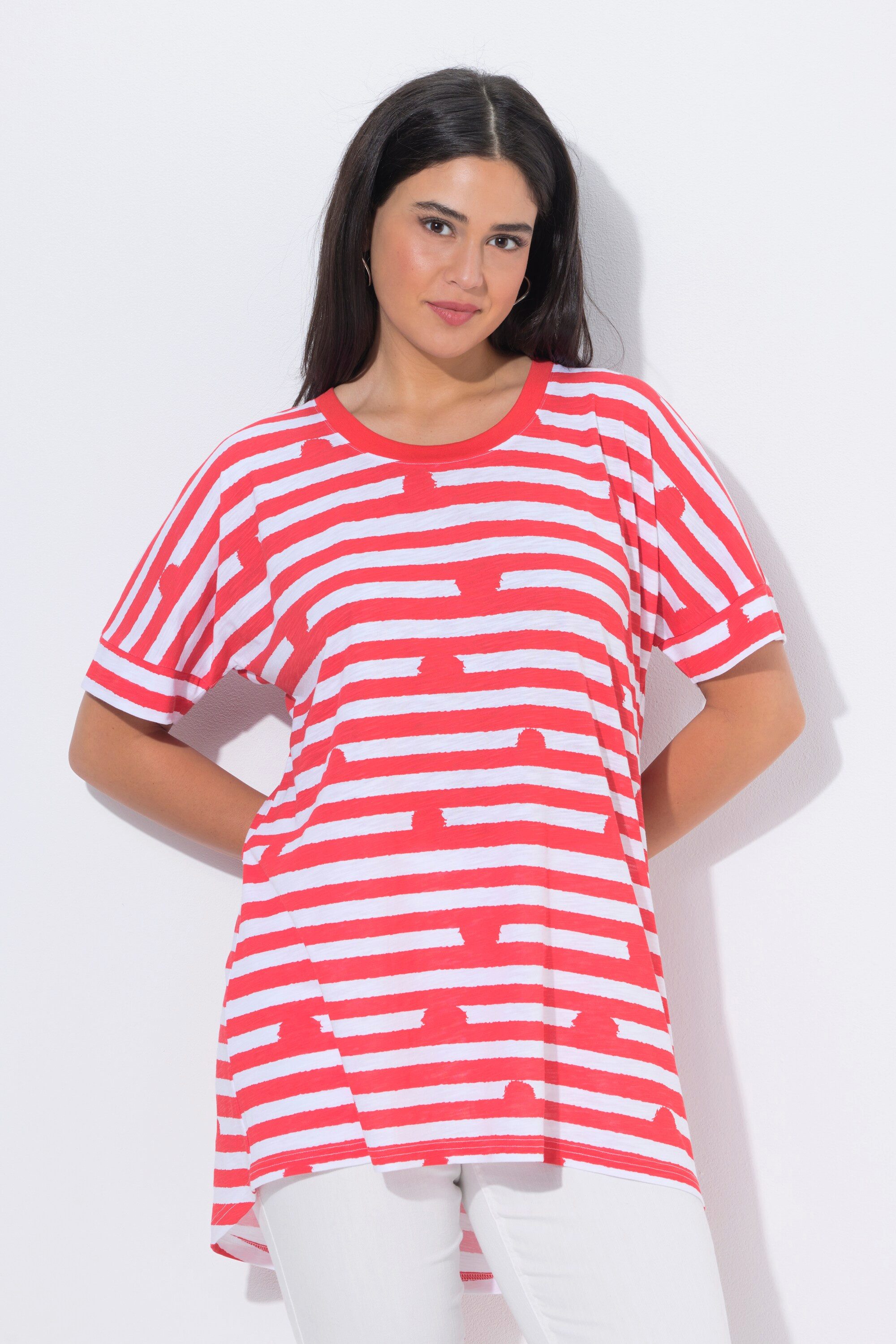 Ulla Popken T-Shirt Longshirt Ringel/Tupfen Oversized Rundhals Halbarm