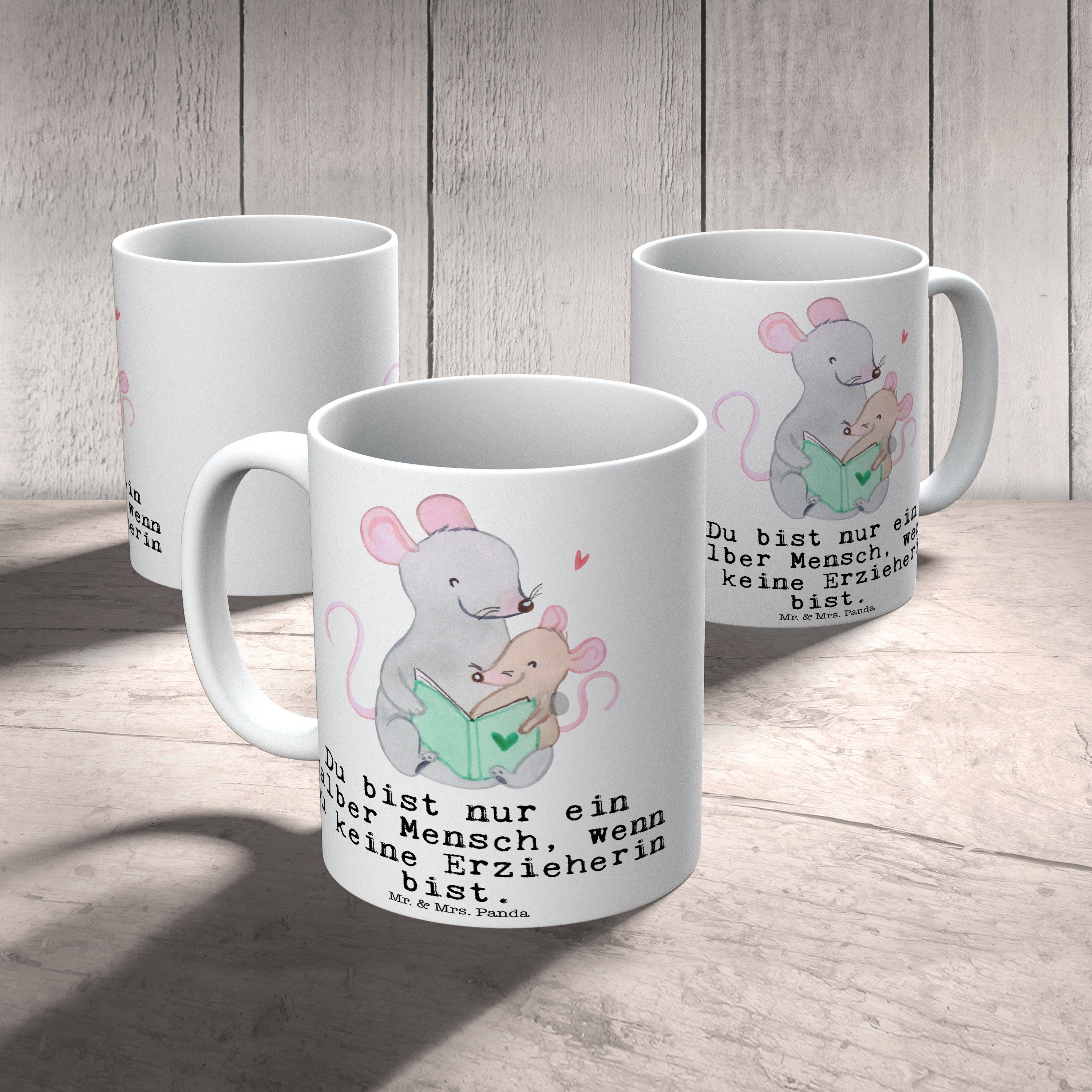 Tasse Keramik - Becher, Mrs. Geschenk, Herz Tasse, Tasse Weiß Mr. mit & Panda Sprüche, Erzieherin -
