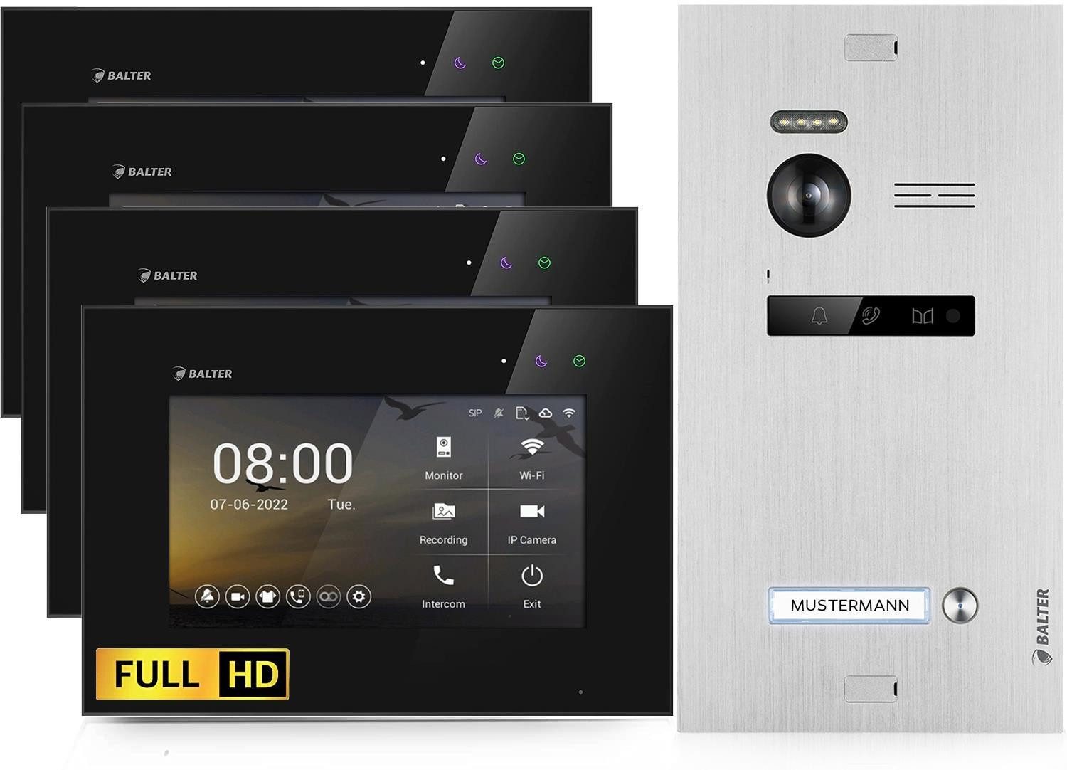 Balter Video-Türsprechanlage HD Video Türsprechanlage für 1 Familienhaus, 4x Monitore (Einfamilienhaus, Komplettset, 4-tlg., 1 Familienhaus, 2-Draht-Bus, Full HD Kamera)