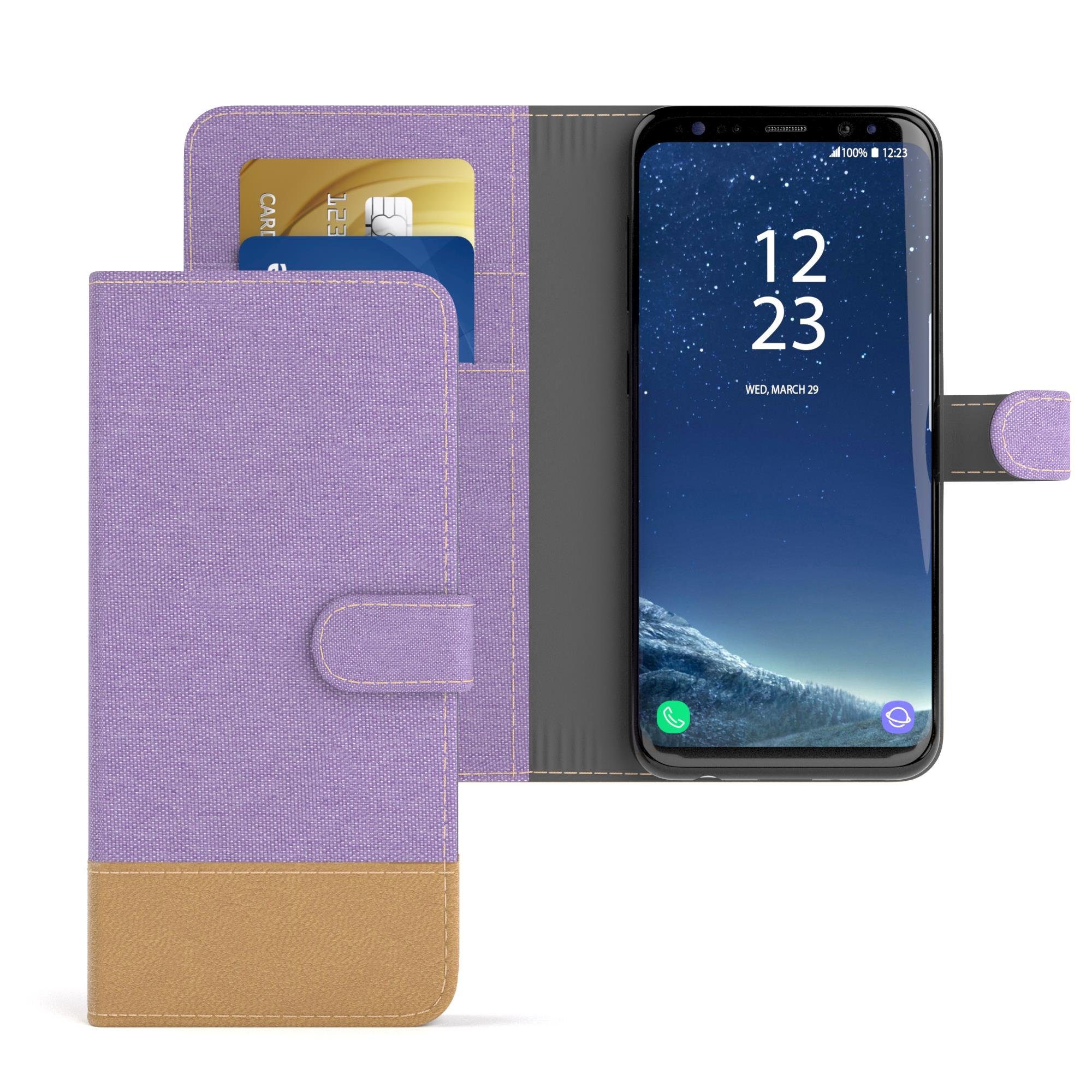 EAZY CASE Handyhülle Bookstyle Jeans für Samsung Galaxy S8 5,8 Zoll, Bookstyle Klapphülle mit Visitenkartenfach aus Kunstleder Lila Violett