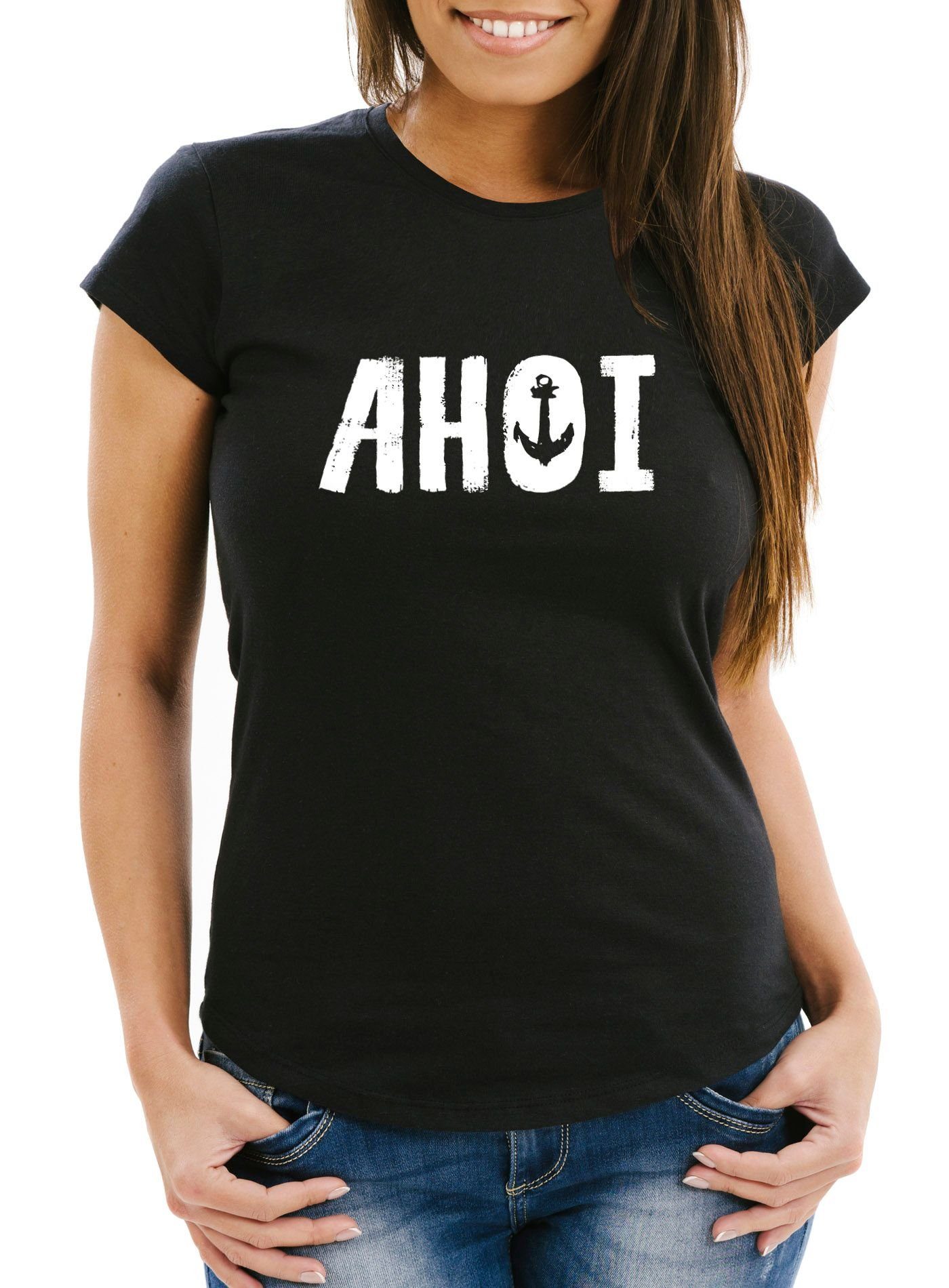 MoonWorks Print-Shirt Damen T-Shirt Ahoi mit Anker Moin Motiv Slim Fit Moonworks® mit Print