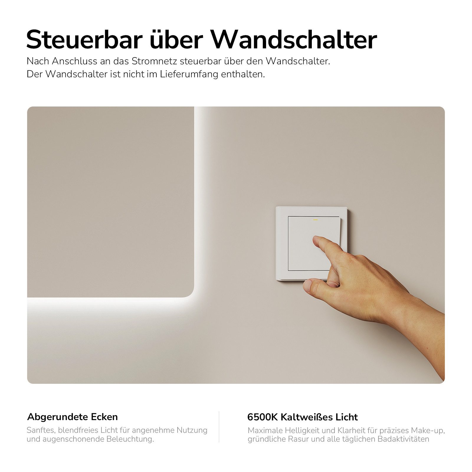 EMKE Badspiegel Badezimmers piegel mit LED Beleuchtung rahmenlos eckig Wandspiegel (Vertikal und Horizontal möglich), Wandschalter, Kaltweißes Licht 6500K 70-80 – Bild 3 von 5