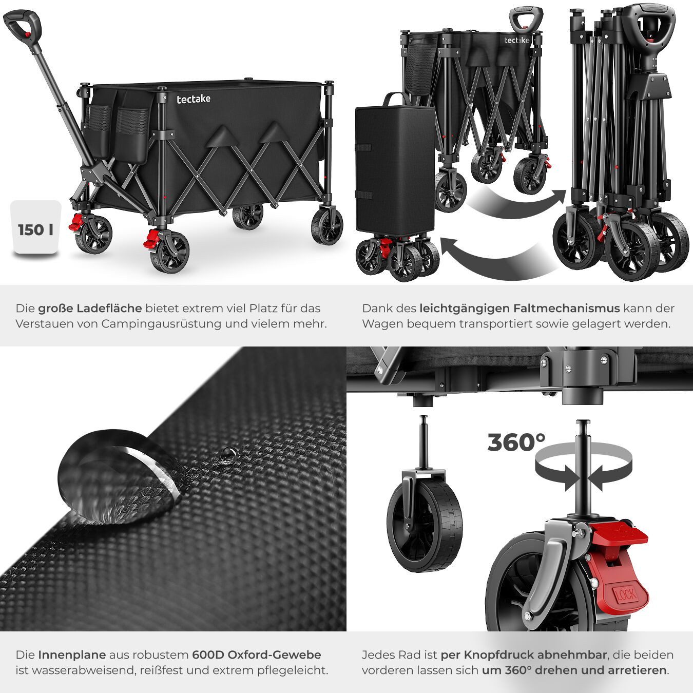 tectake Bollerwagen Handwagen RollRider faltbar, Teleskopgriff, Profilräder (1 Transportwagen, 1-tlg., 150L Volumen in Schwarz mit abnehmbarer Plane aus Oxford- – Bild 5 von 5