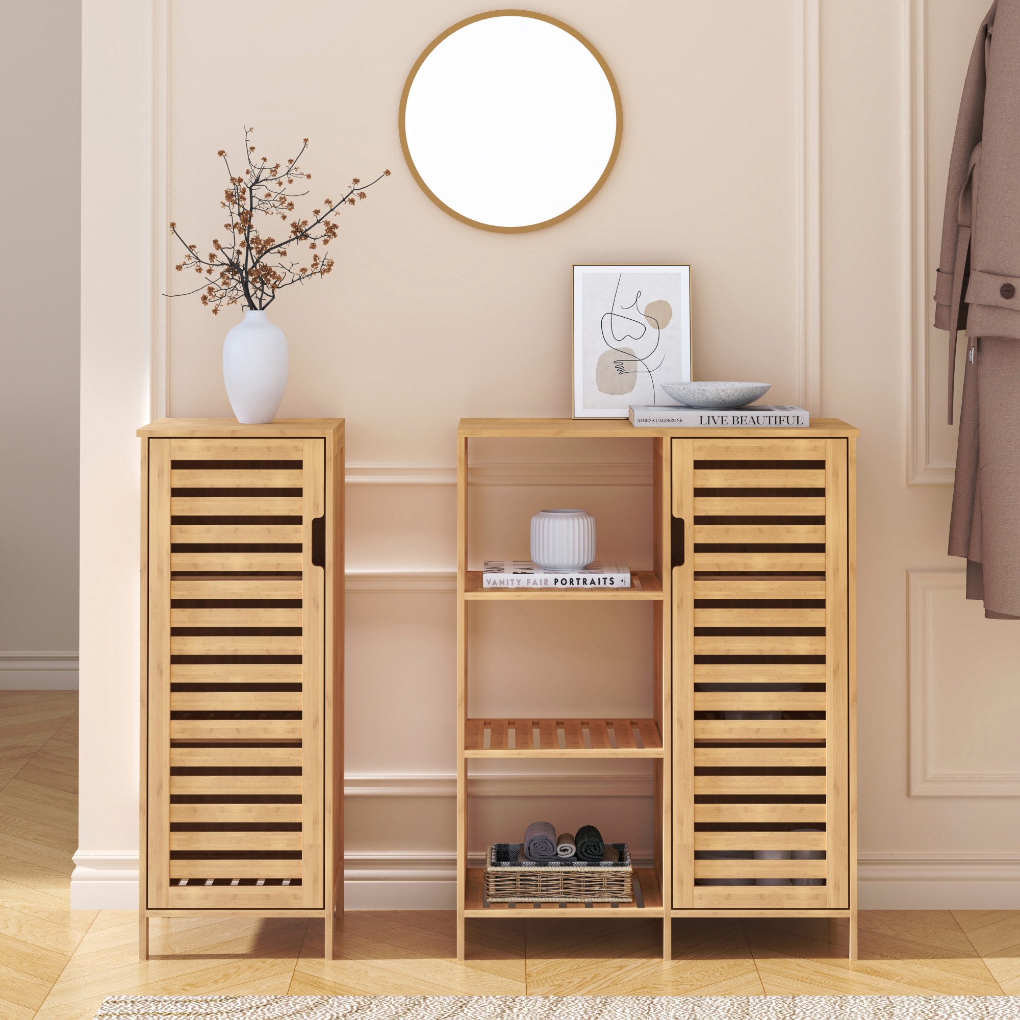 en.casa Beistellschrank (2-tlg. Schrankteil mit Regal + Schrankelement) »Hakseri« 2 Lamellentüren 3 offene Fächer 87x99x33 cm Bambus Natur