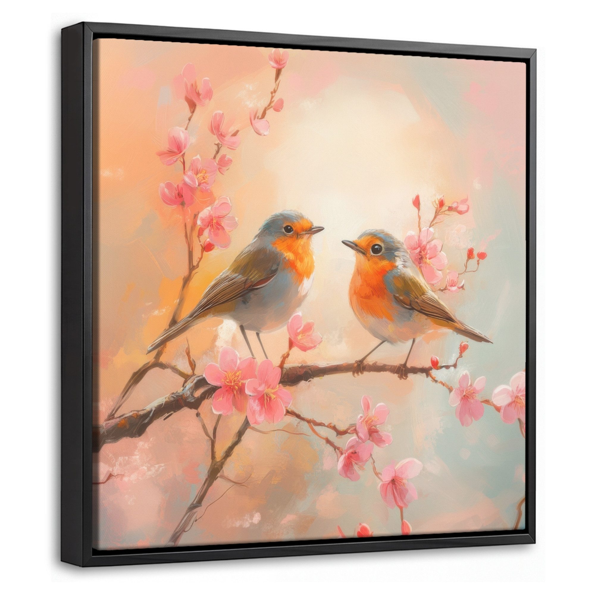 OneMillionCanvasses® Leinwandbild mit Rahmen - Rotkehlchen - Zierpflanze - Blütenzweig, Fotodruck (1 St), Leinwand Bilder Klein, Wand Dekoration Aesthetic 20x20cm