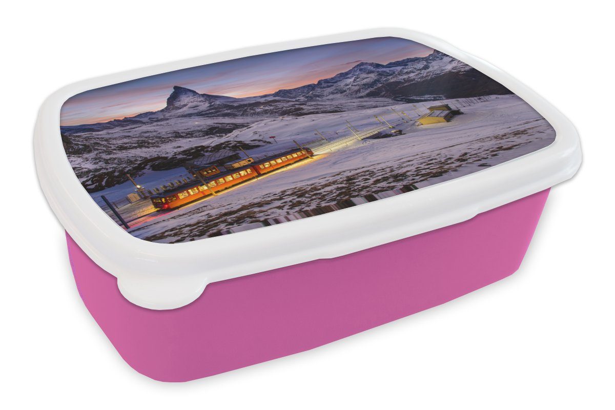 MuchoWow Lunchbox Gornergratbahn vor dem Matterhorn im Schweizer Kanton Wallis, Kunststoff, (2-tlg), Brotbox für Erwachsene, Brotdose Kinder, Snackbox, Mädchen, Kunststoff rosa