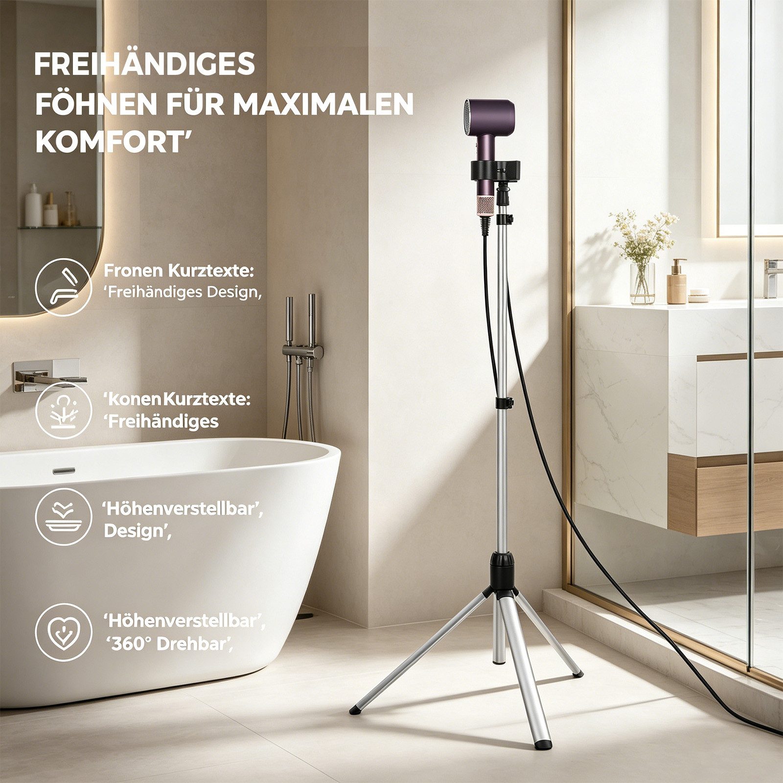 JOYOLEDER Haartrocknerhalter Föhn Halterung, Höhenverstellbar von 75 bis 150 cm, (Haartrocknerständer Ohne Bohren 180° Drehbarer für, Hotel Wohnzimmer Barbersho – Bild 4 von 5