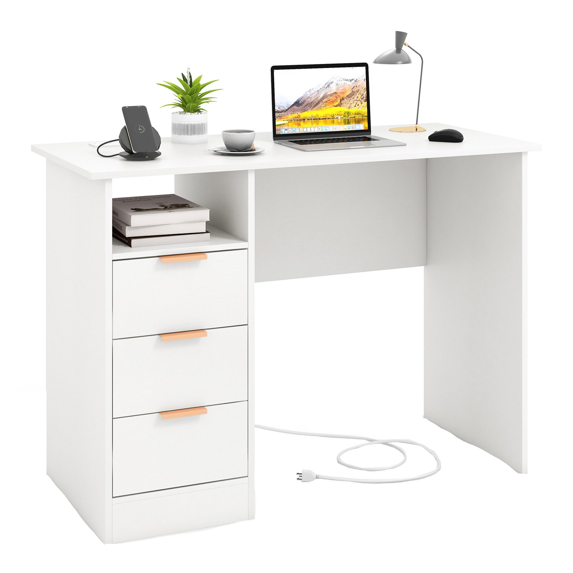 KOMFOTTEU Computertisch, Schreibtisch mit 3 Schubladen, USB-Ladeanschlüssen & Stromanschluss
