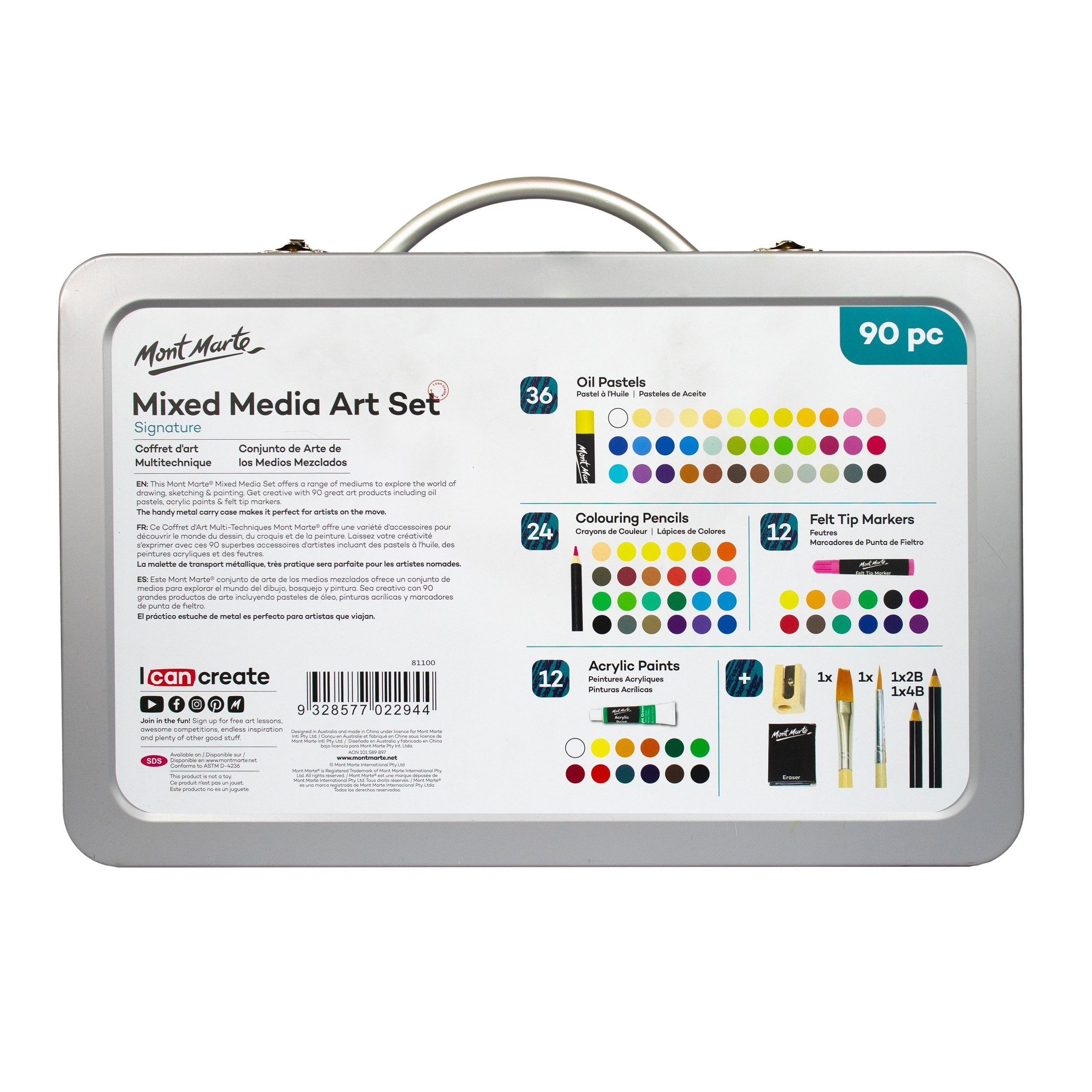 Mont Marte Kreativset Künstlerkoffer mit 90 hochwertigen Utensilien für Malerei & Zeichnen, (Kunstkoffer, 90-tlg., Set mit Pinseln, Farben, Stiften, Filzstiften, Buntstiften), Praktischer Metallkoffer, inklusive Fächer, ideal für unterwegs