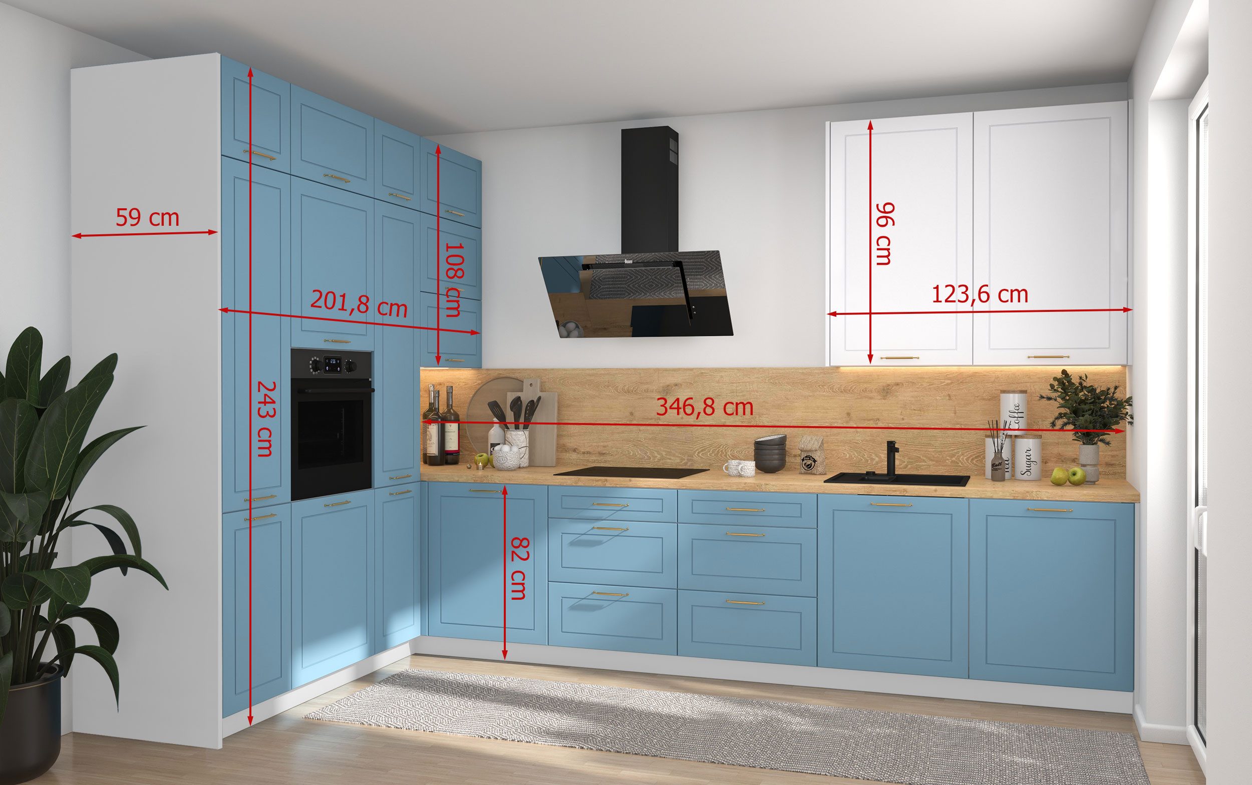 Feldmann-Wohnen Küchenzeile Bari, (16-teilig, inklusive Abschlussrahmen, Blum Metabox Schubladensystem), 202x347cm, L-Form, Eiche Artisan / blassgrün - signalweiß