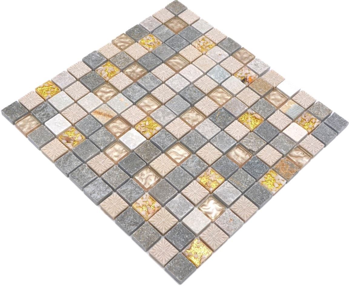 Mosani Mosaikfliesen Glasmosaik Naturstein Mosaik gold beige matt / 10