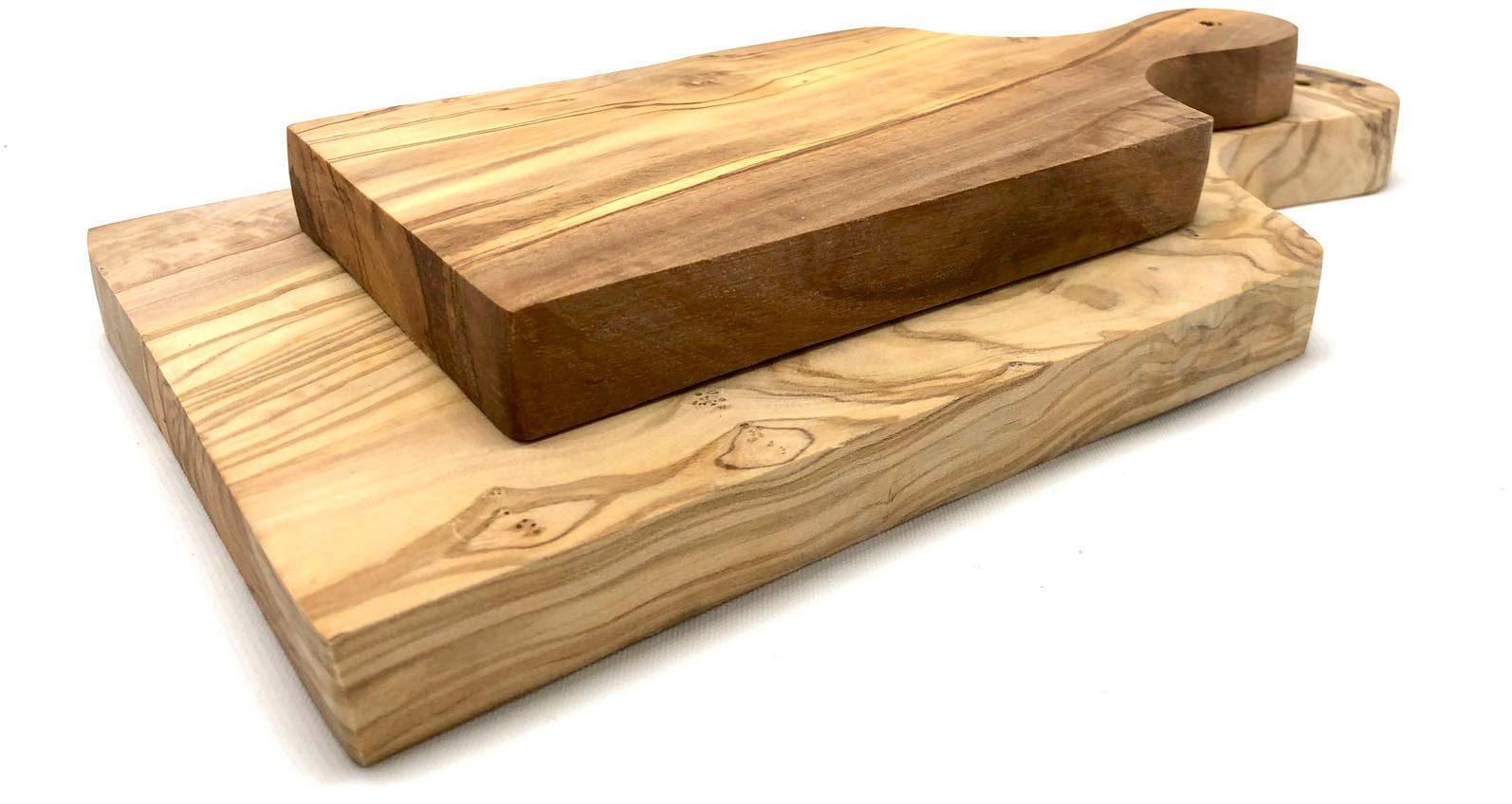 Olivenholz-erleben Schneidebrett mit Griff aus hochwertigem naturbelassenem Olivenholz, Massivholz, (Set, 2-St., 1x kleines Brett mit Griff, 1x großes Brett mit Griff), Einzigartige Maserung, Brett mit Griff, Kräuterbrett und Schneidebrett