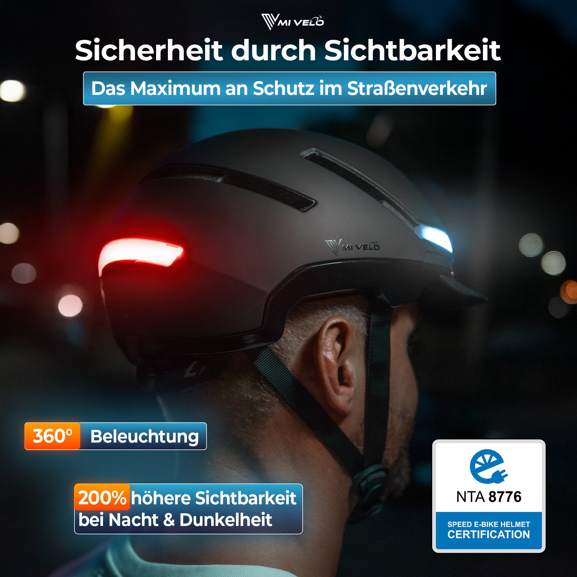 MIVELO Fahrradhelm für Herren und Damen mit Licht vorne & hinten, NTA zertifiziert, 360° Beleuchtung