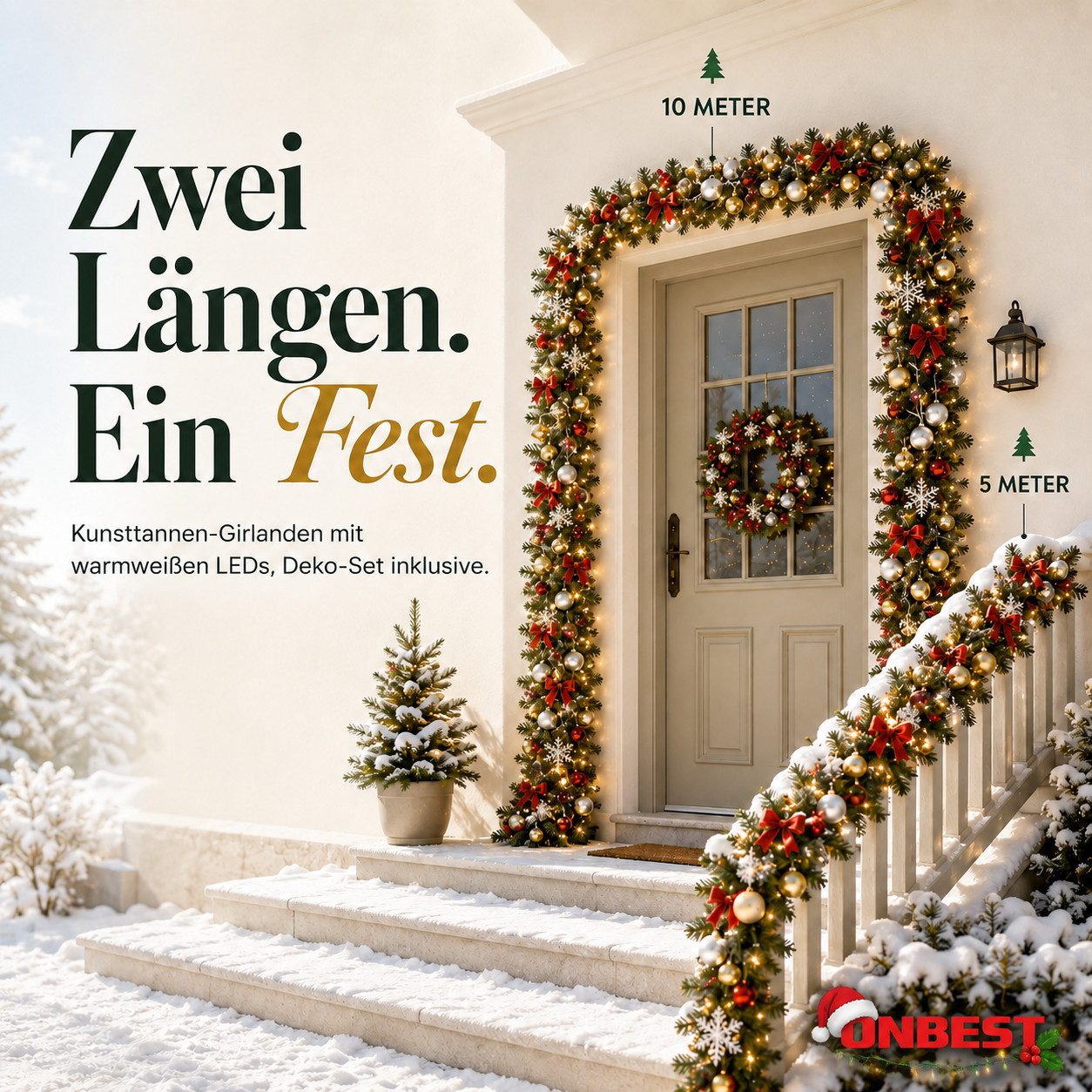 Kunstgirlande Weihnachtsgirlande mit Licht 5m 10m mit 200 LEDs, Onbest, Eiskristalle, Schleifen, GRATIS 5 Karten, Weihnachts Girlande Deko