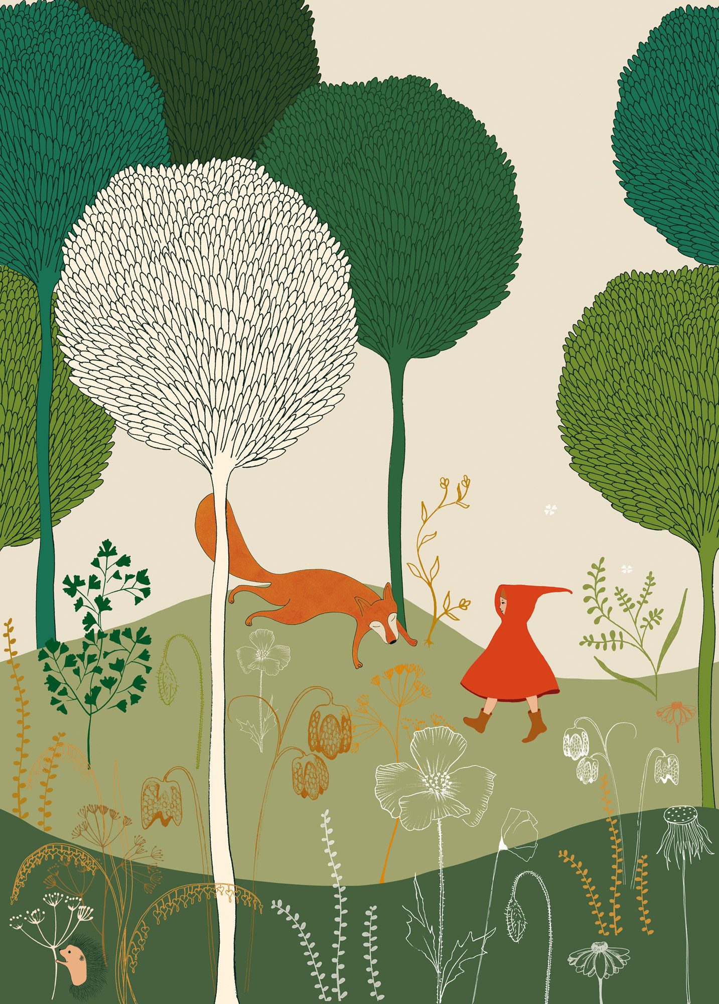 Rasch Fototapete Cartoon "Rotkäppchen und der böse Wolf" - Vliestapete Beige Grün Rot, bedruckt, (1 Rolle, 1 St., 2,8 m x 2 m), Lichtbeständige Farben - Feucht abwischbar - Restlost abziehbar
