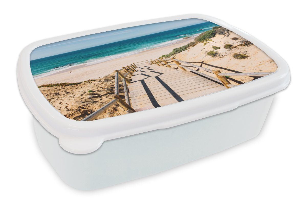 MuchoWow Lunchbox Strand - Treppe - Portugal, Kunststoff, (2-tlg), Brotbox für Kinder und Erwachsene, Brotdose, für Jungs und Mädchen weiß