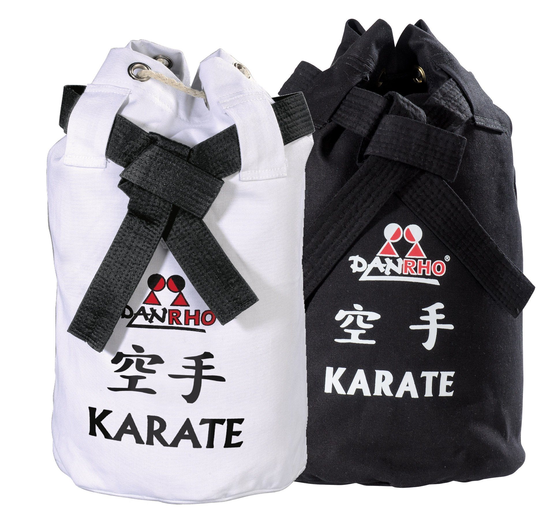 Danrho Sporttasche Karate Seesack Beutel Kinder Rucksack Turnbeutel (Kordelzug, Schnellverschluß, Baumwolle), schwarz oder weiss, Budogürtel Optik | Sporttaschen