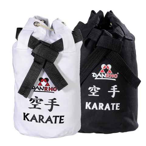 Danrho Sporttasche Karate Seesack Beutel Kinder Rucksack Turnbeutel (Kordelzug, Schnellverschluß, Baumwolle), schwarz oder weiss, Budogürtel Optik
