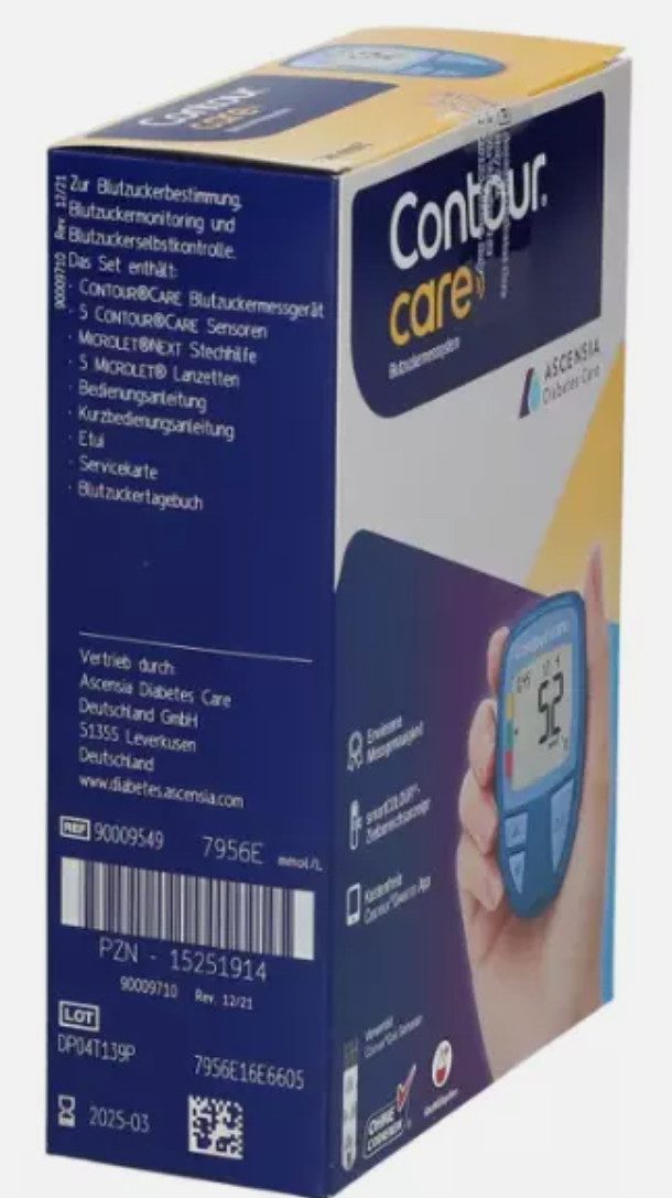 Ascensia Diabetes Care Blutzuckermessgerät CONTOUR®CARE, kompakte Größe und hohe Speicherkapazität, automatische Blutzuckeranalyse, Blutzuckermanagement, smarte Diabeteskontrolle, Präzise Messergebnisse, in mgdl oder mmol