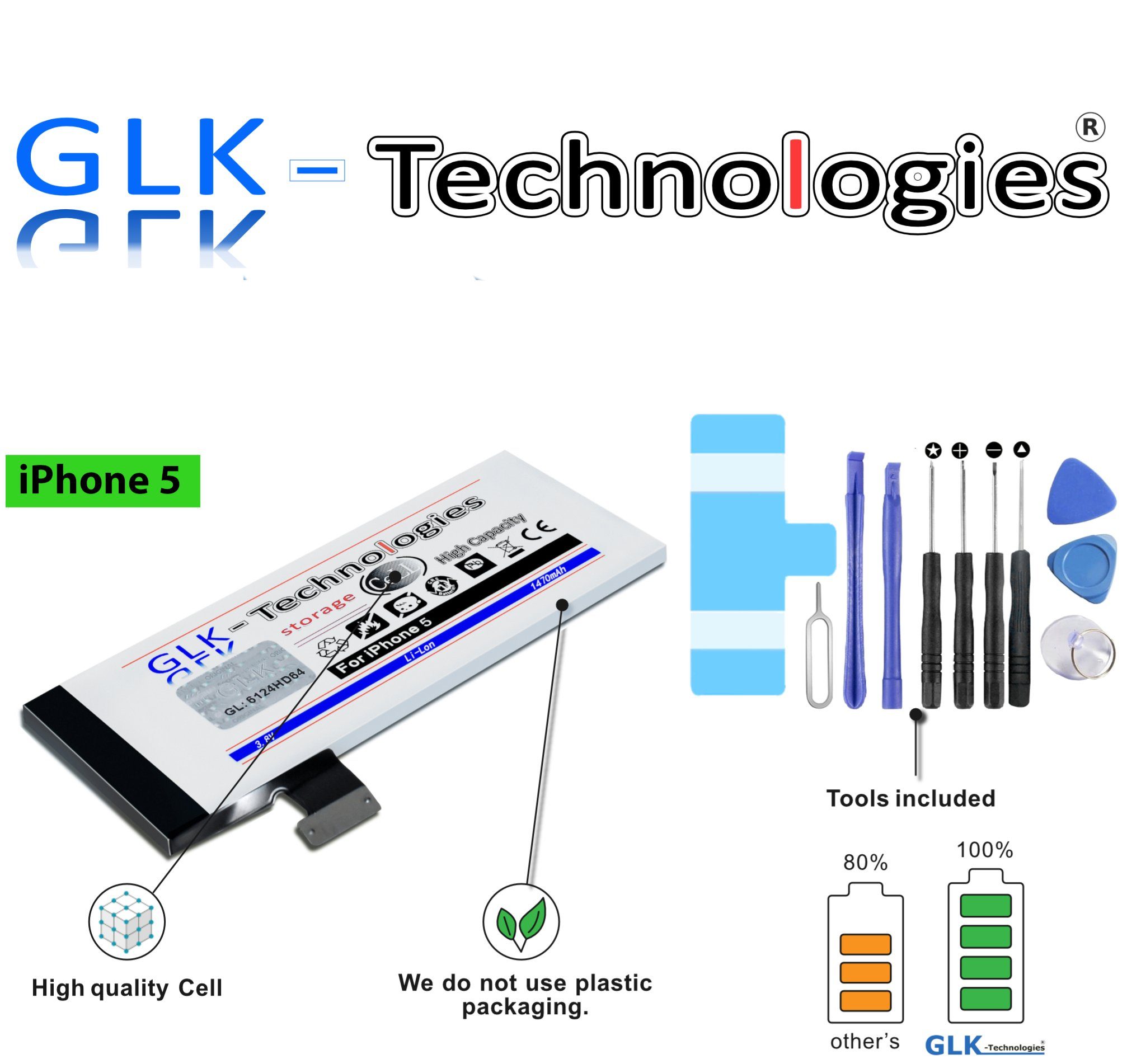 mAh V) Verbesserter Ersatz 1470 für Akku iPhone 5 (3,8 GLK-Technologies Smartphone-Akku