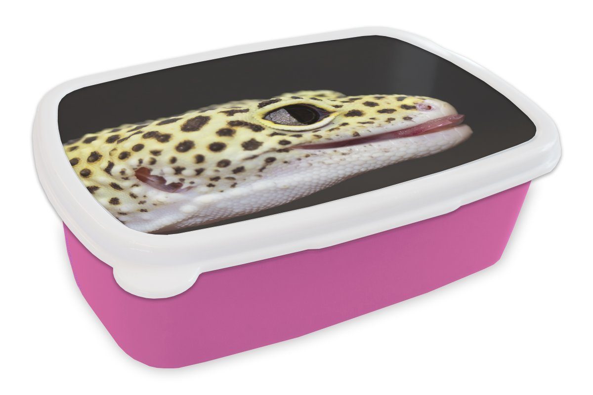 MuchoWow Lunchbox Nahaufnahme Leopardgecko, Kunststoff, (2-tlg), Brotbox für Erwachsene, Brotdose Kinder, Snackbox, Mädchen, Kunststoff rosa