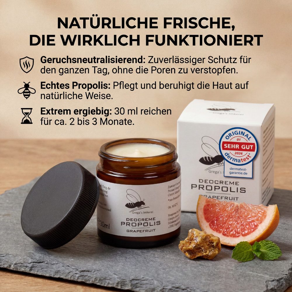 Grega´s Imkerei Deo-Creme Propolis Deocreme Grapefruit 30ml, Derma Test "Sehr gut" 2026, Im Glastigel Handgefertigt in Deutschland, 1-tlg., Zertifiziertes Naturprodukt ohne Aluminium