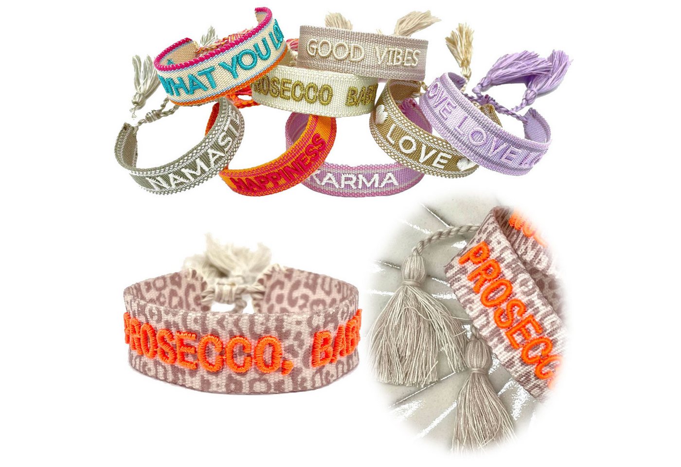 LS-LebenStil Armband Canvas Statement Armband Leo Prosecco Baby Leopard Quasten bestickt (Baumwollarmband Webarmband Armbandliebe Freundschaftsarmband Freundschaftsband Partnerarmband, 1-tlg., textil geflochten gewebt - hochwertiger gestickter Spruch), pe