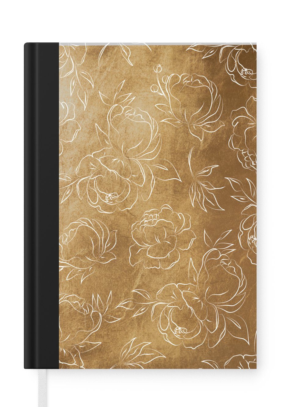 MuchoWow Notizbuch Gold - Blumen - Muster - Linienkunst, Journal, Merkzettel, Tagebuch, Notizheft, A5, 98 Seiten, Haushaltsbuch