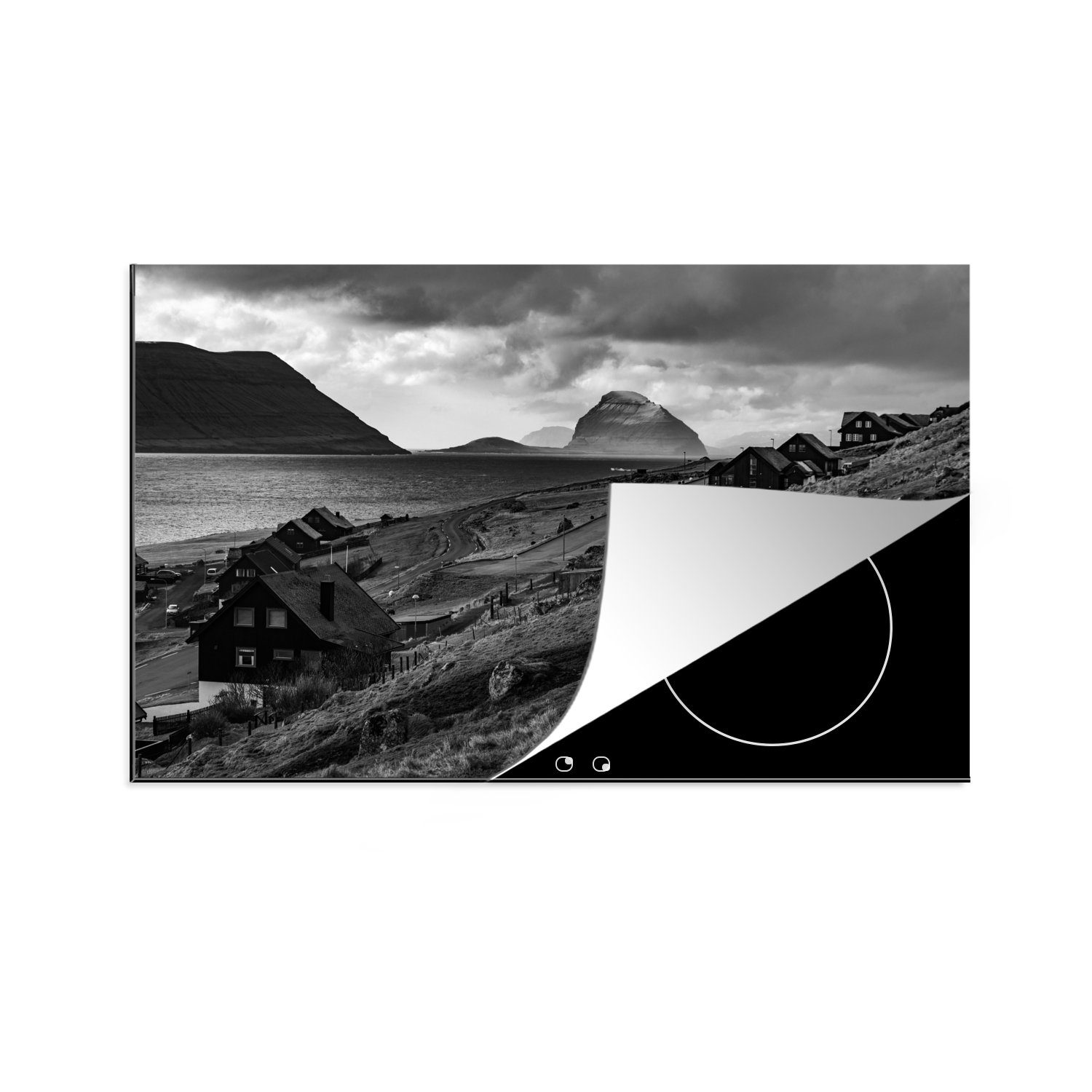 MuchoWow Herdblende-/Abdeckplatte Dänemark - Schwarz - Weiß - Berg, Vinyl, (1 tlg), 81x52 cm, Induktionskochfeld Schutz für die küche, Ceranfeldabdeckung