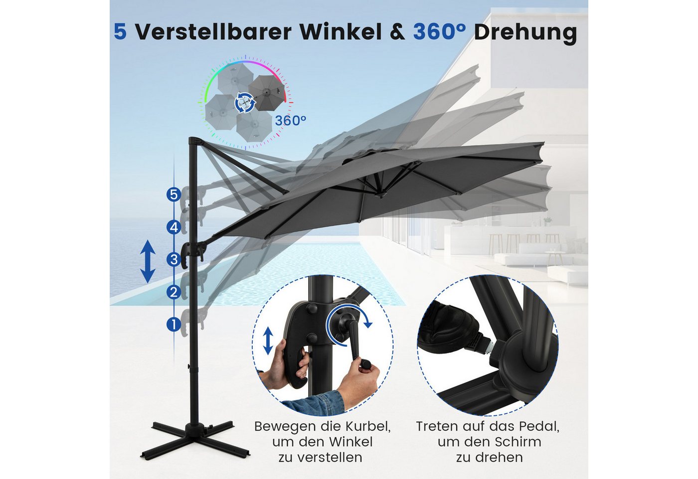 Thumbnail - COSTWAY Sonnenschirm, LxB: 294x294 cm, 360° drehbar & 5-Fach verstellbarer