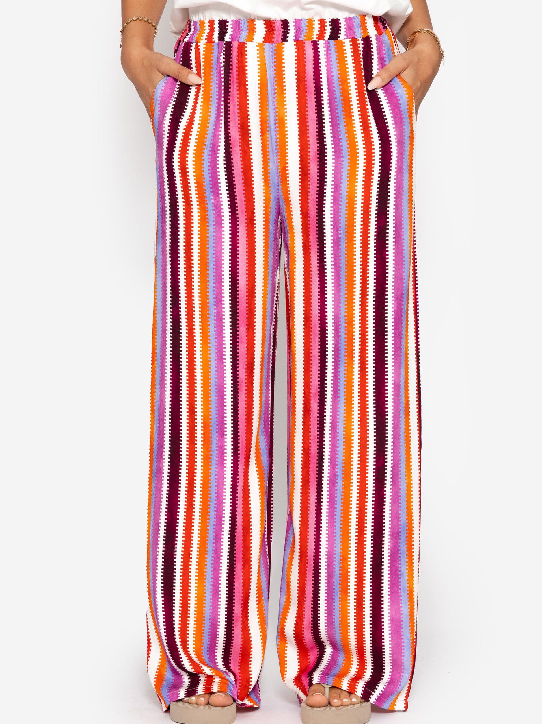 SASSYCLASSY Stoffhose Leichte Streifenhose Damen mit weitem Bein Luftige Wide Leg Hose mit elastischem Bund Pink