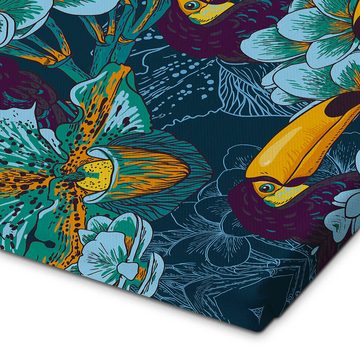 Posterlounge Leinwandbild Editors Choice, Tropische Blumen mit Tukan, Orientalisches Flair Grafikdesign