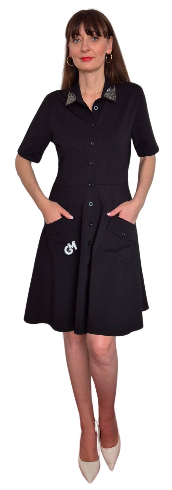 Gio Milano Sommerkleid G28-5102, mit Knopfleiste und Strassbesatz durchgehende Knopfleiste