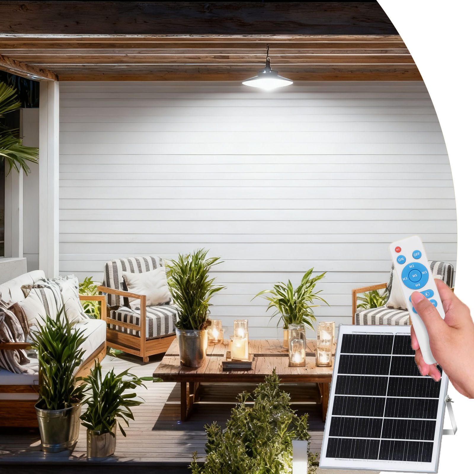 Jibenhome LED Solarleuchte Solar Hängelampen mit Fernbedienung Bewegungsmelder, 5 Modi, 1 Kopf, LED fest integriert, Deckenleuchte Outdoor