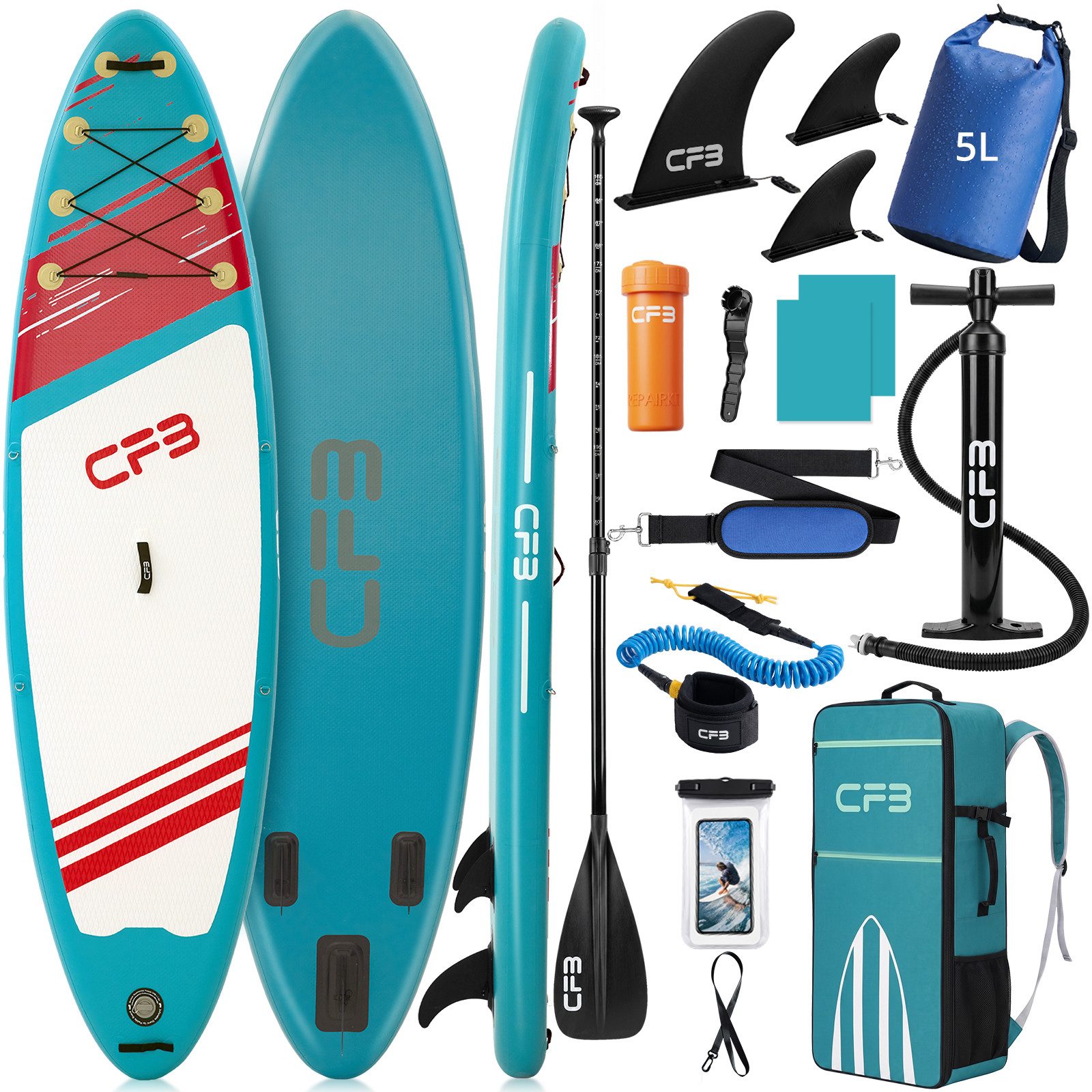 CFB SUP-Board Set 320x84x15 cm extra breit, Bis zu 160 kg, aufblasbar Stand Up Paddle Board, (iSUP Komplett-Set, 12 tlg., mit Alu Paddel, Pumpe, Rucksack, Leash, 5L Dry Bag und Schultergurt), Paddleboard aufblasbar für Anfänger & Erwachsene